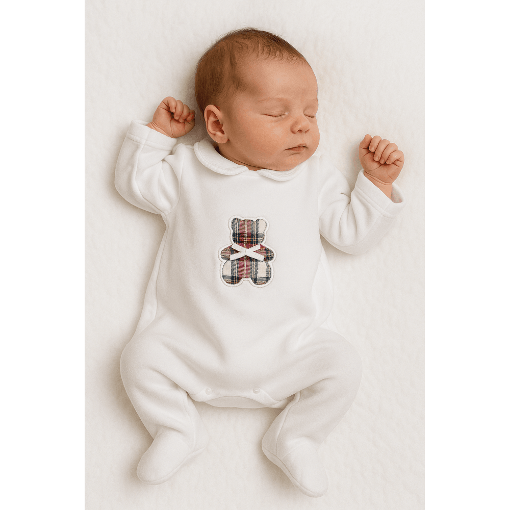 Unisex White Velour Tartan Babygrow