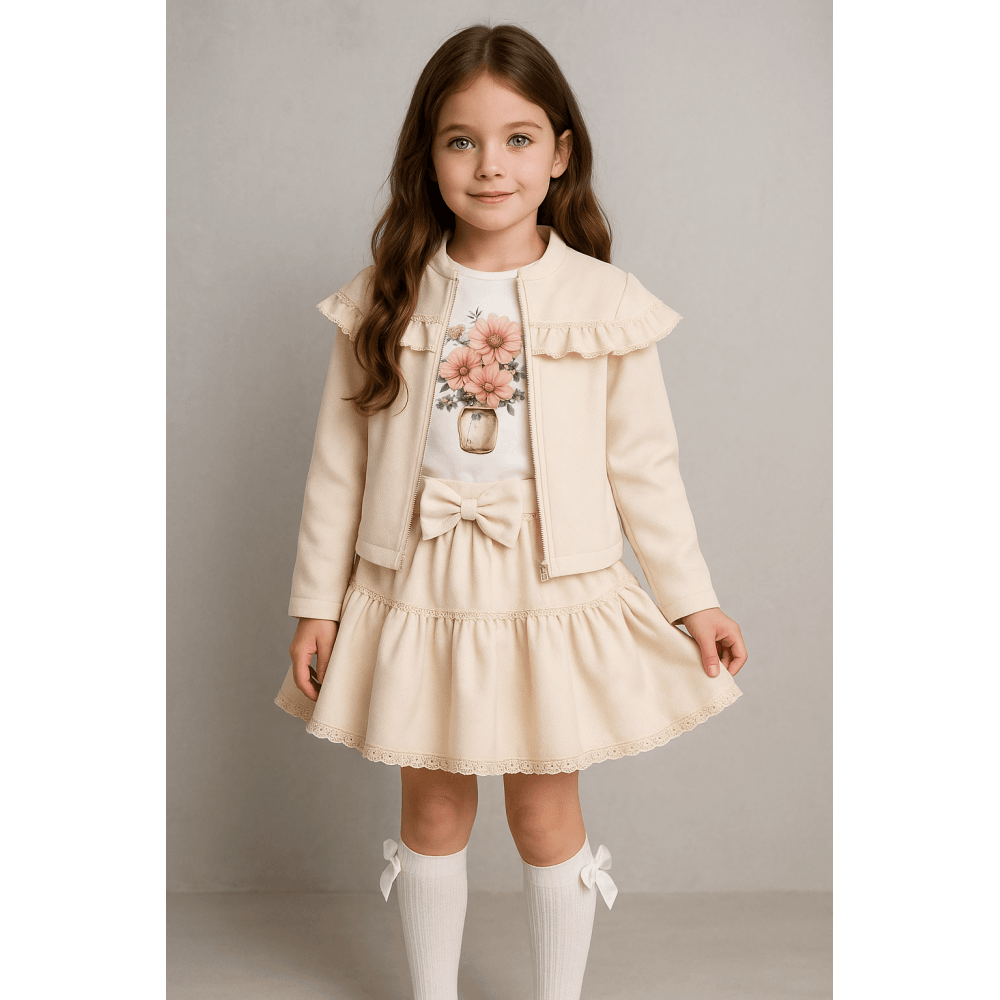Girls 3 Piece Skirt Top & Jacket Set Cream