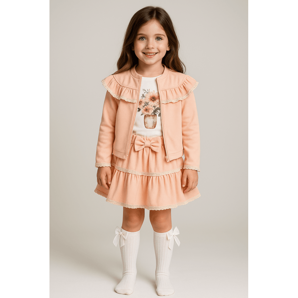 Girls 3 Piece Skirt Top & Jacket Set Pink