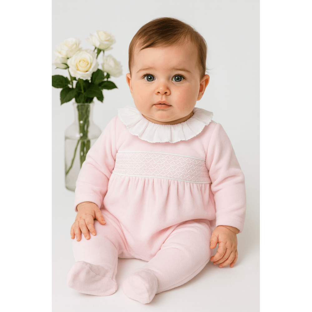 Evie Pex Pink Velour Frilly Smocked Babygrowt