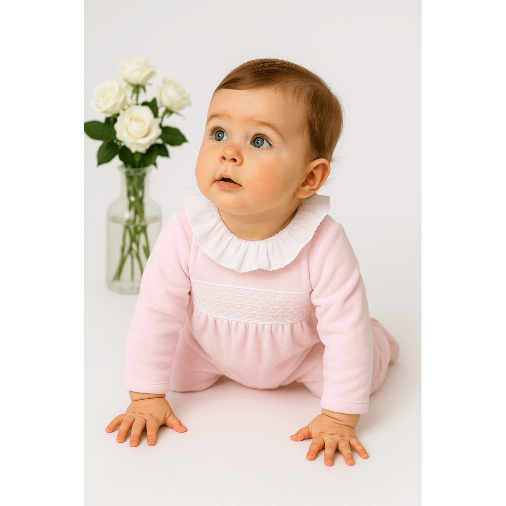 Evie Pex Pink Velour Frilly Smocked Babygrowt