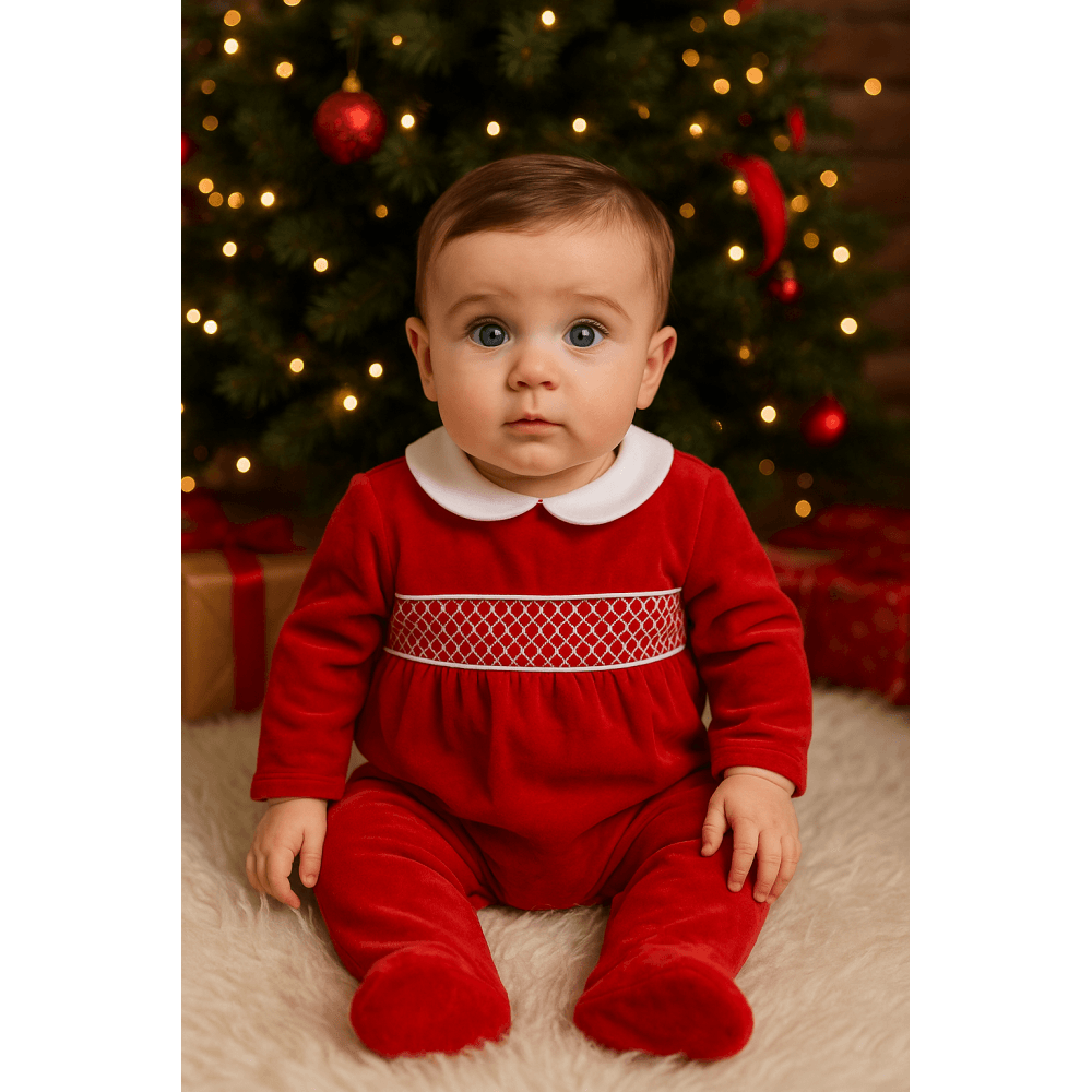 Albert Baby Red & White Smocked Velour Babygrow