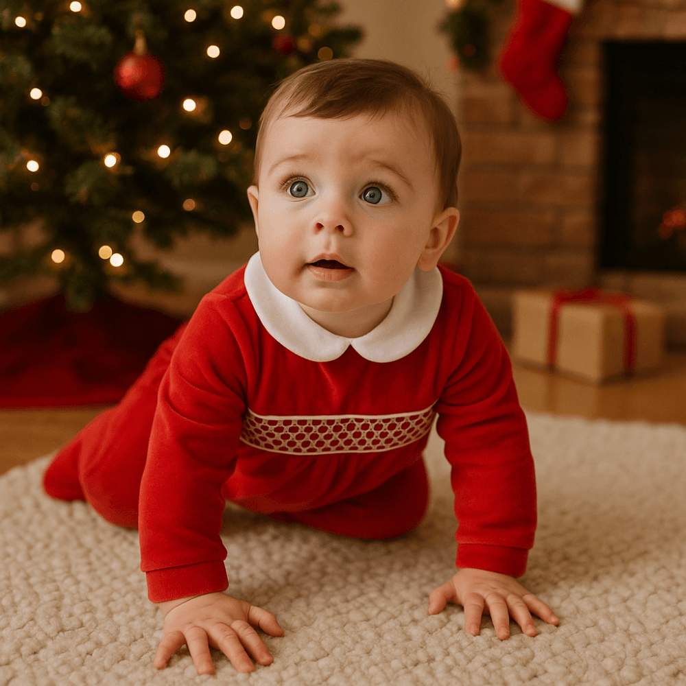 Albert Baby Red & White Smocked Velour Babygrow