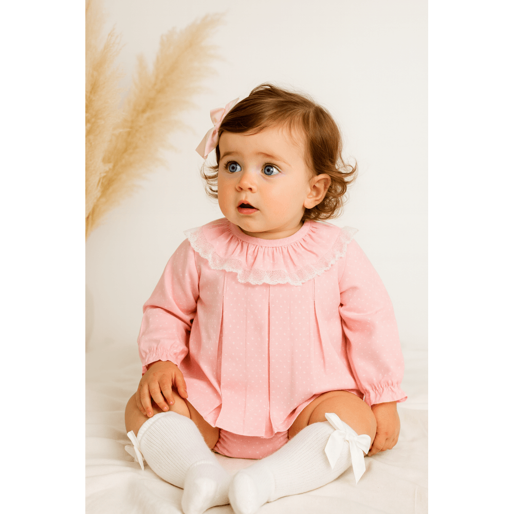 25400 Baby Girls Pink Frilly Neck Dress WIth Knickers