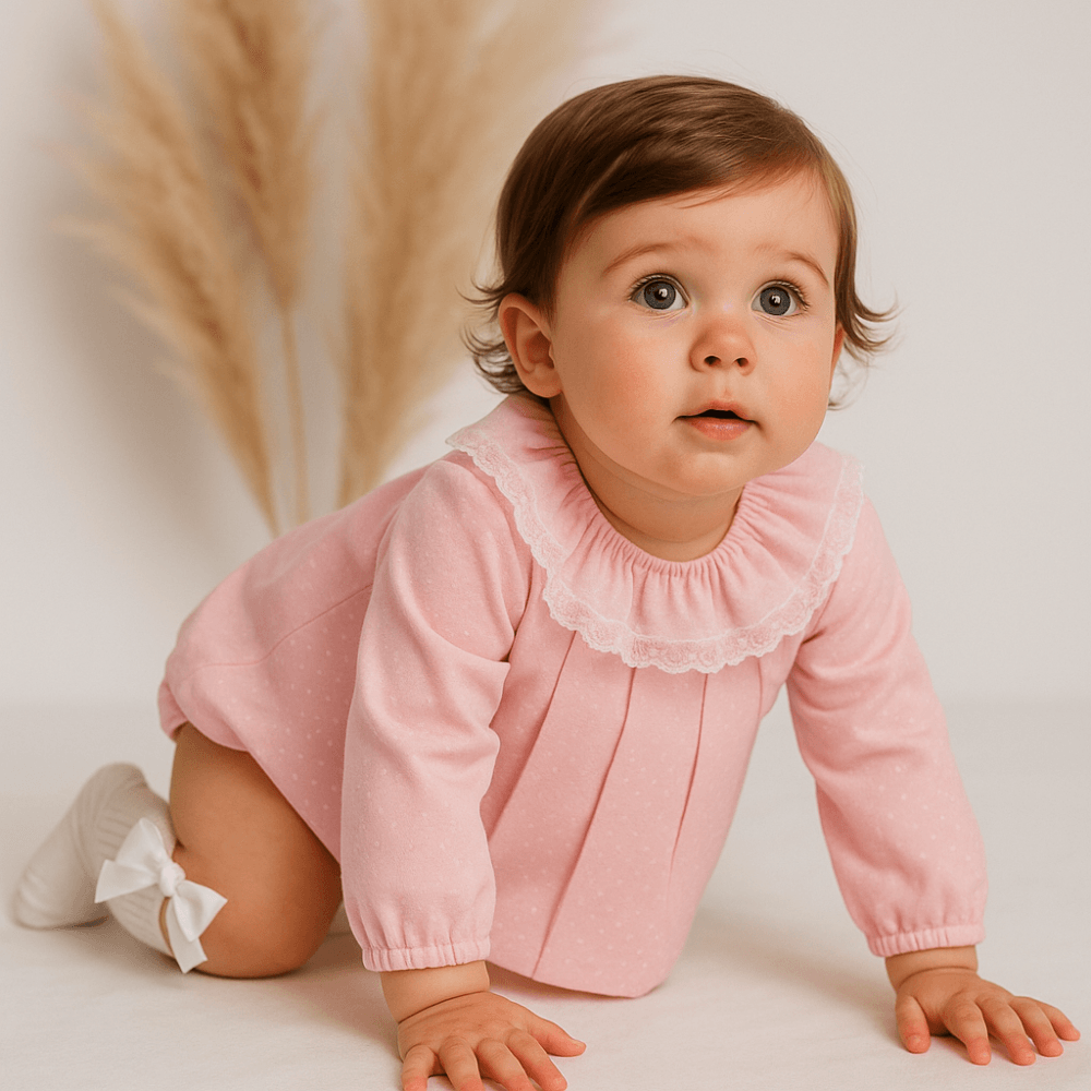 25400 Baby Girls Pink Frilly Neck Dress WIth Knickers