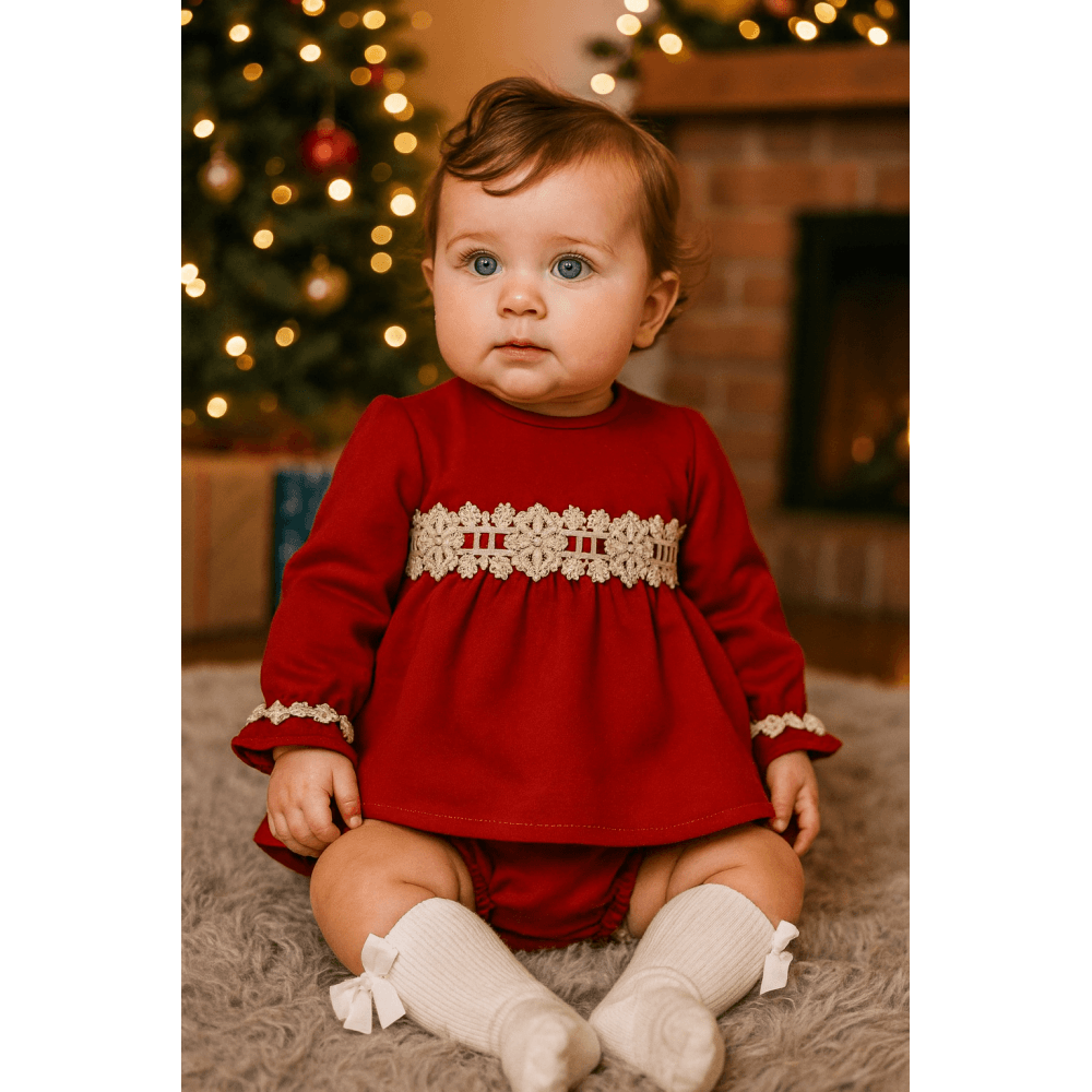 25440 Baby Girls Red Dress With Bloomers