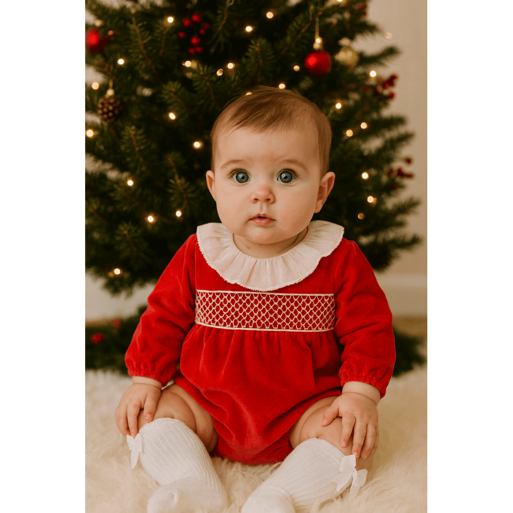 Evie Girls Smocked Velour Romper Re