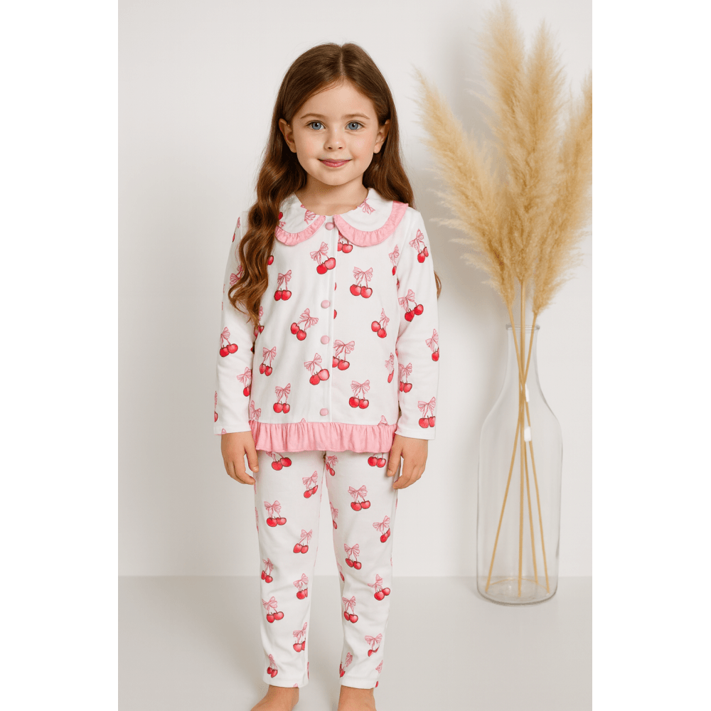 Cherry Bow Girls Frilly Pyjamas