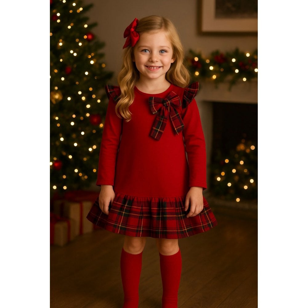 Girls Tartan Frilly Bow Dress Red