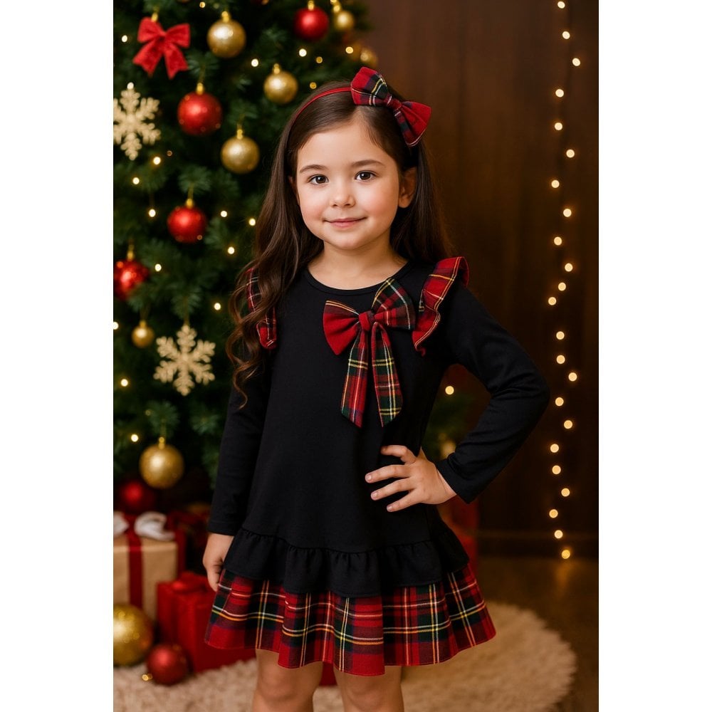 Girls Tartan Frilly Bow Dress Navy