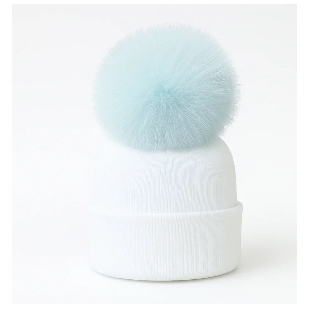 Faux Fur Pom Hat White/Blue