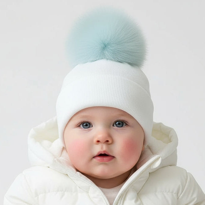 Faux Fur Pom Hat White/Blue
