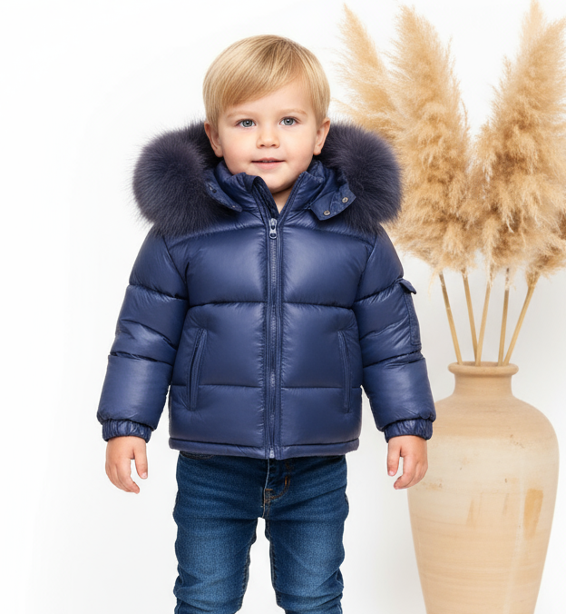 Navy Kids Faux Fur Trim Padded Puffer Coat