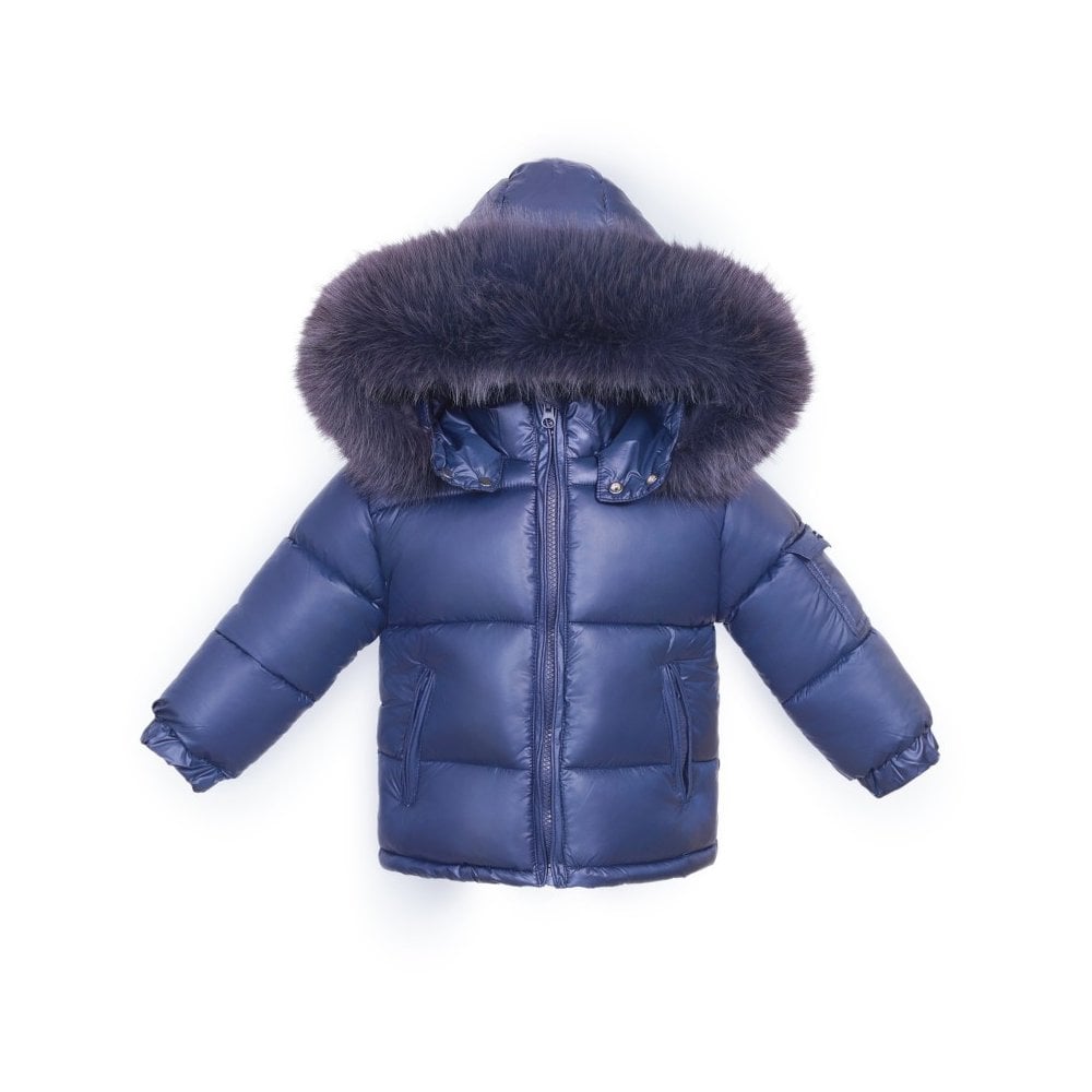 Navy Kids Faux Fur Trim Padded Puffer Coat