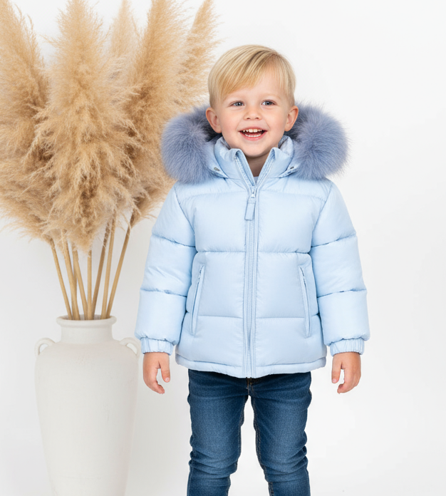 Boys Blue Faux Fur Trim Padded Puffer Coat