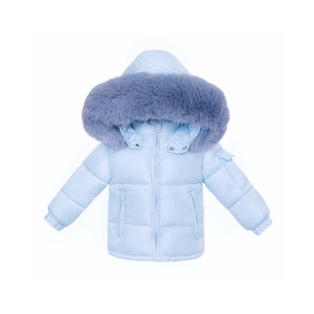 Boys Blue Faux Fur Trim Padded Puffer Coat