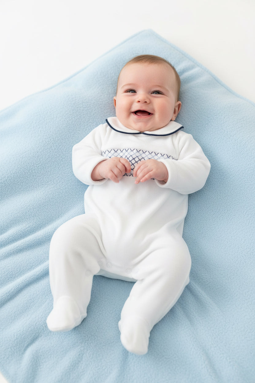 SG68 Baby Boys Peter Velour Pan Collar Smocking Babygrow White/Navy