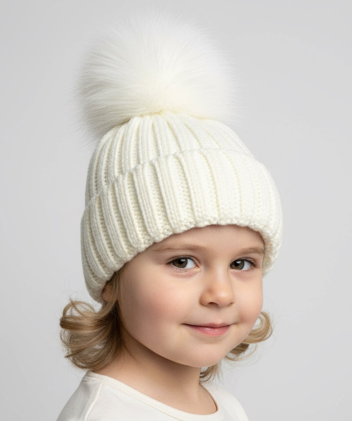 Kids Single Fur Pom Pom Hat Cream