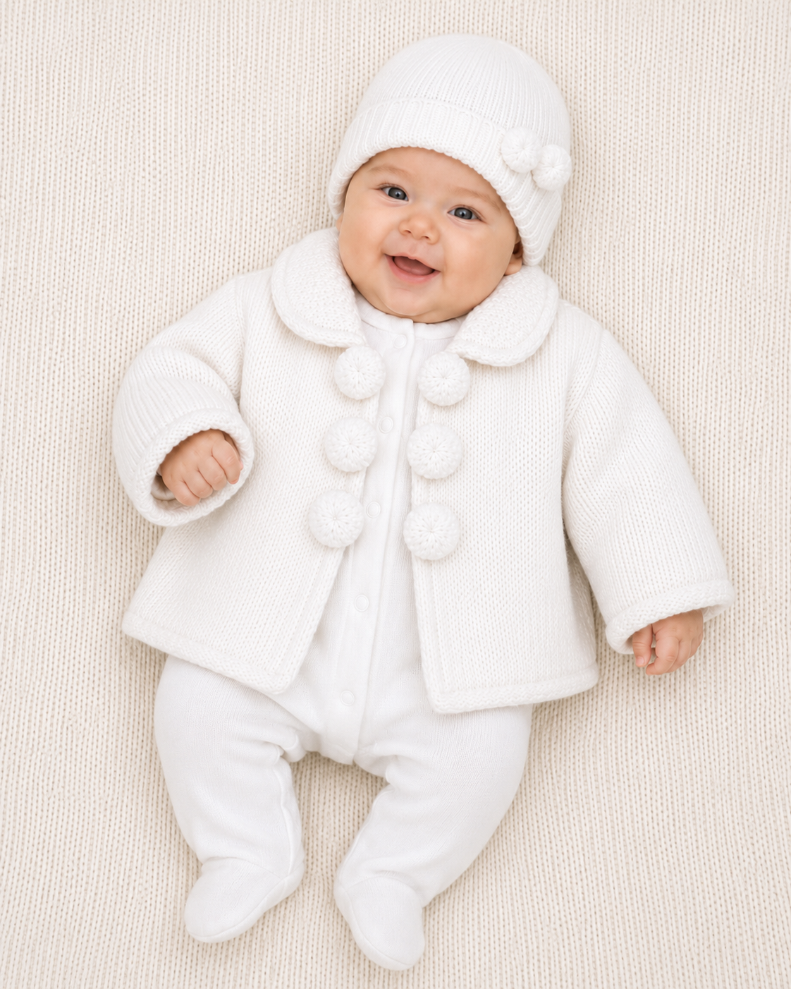 Pom Pom Thick Knitted Baby Unisex Cardigan With Hat White