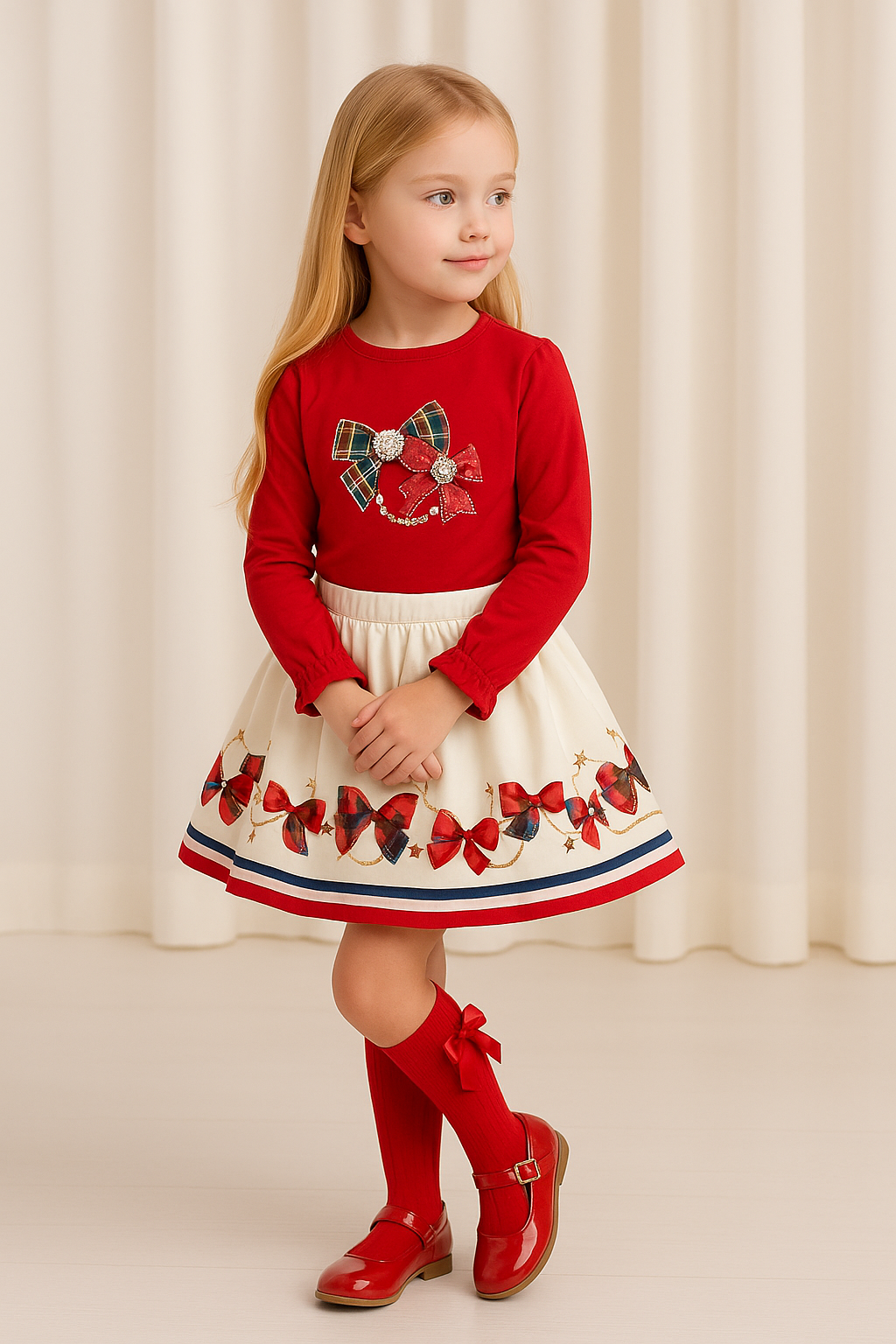 Girls Red Bow Diamanté Top & Skirt Set