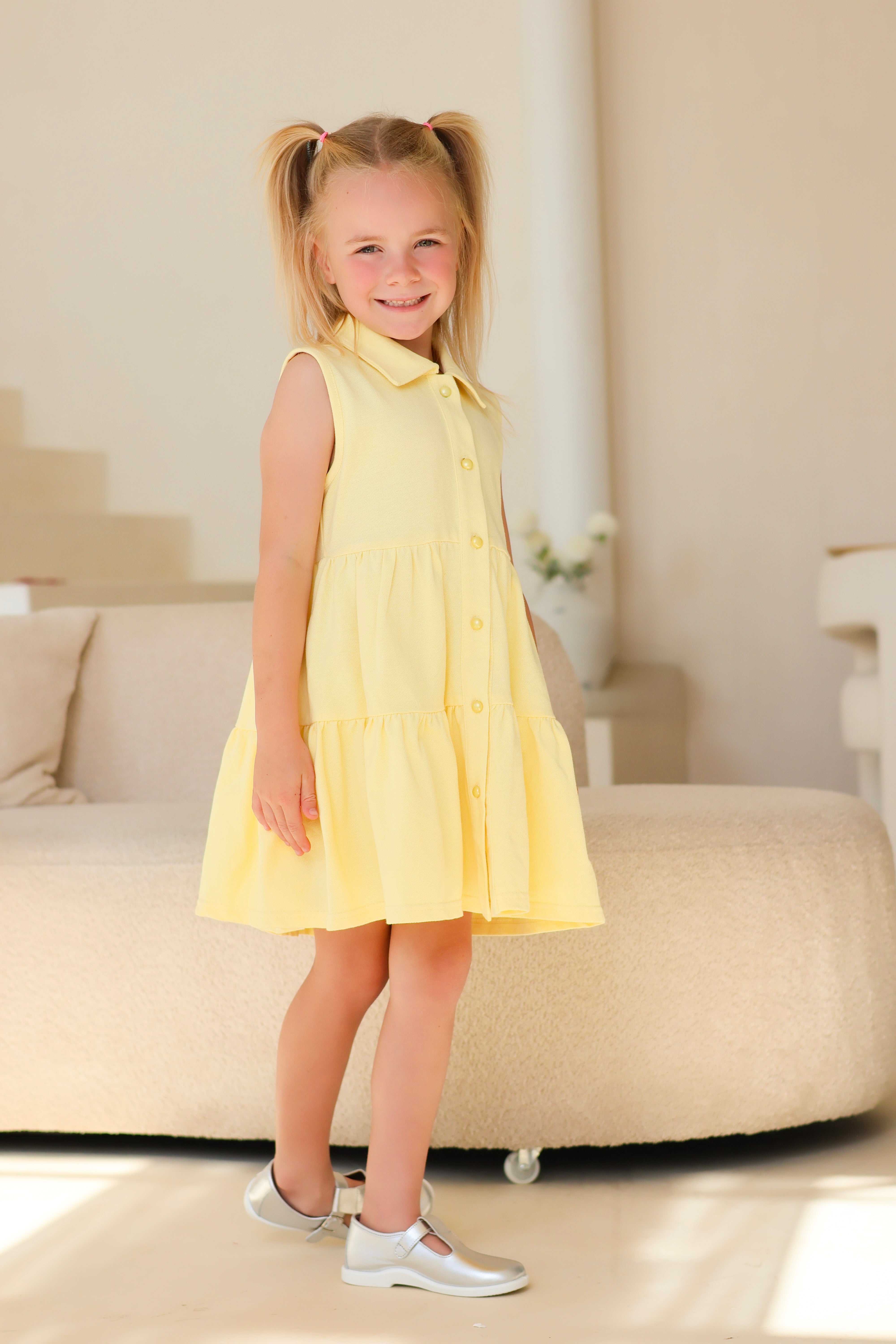 Maya Girls Pearl Button Polo Dress Lemon