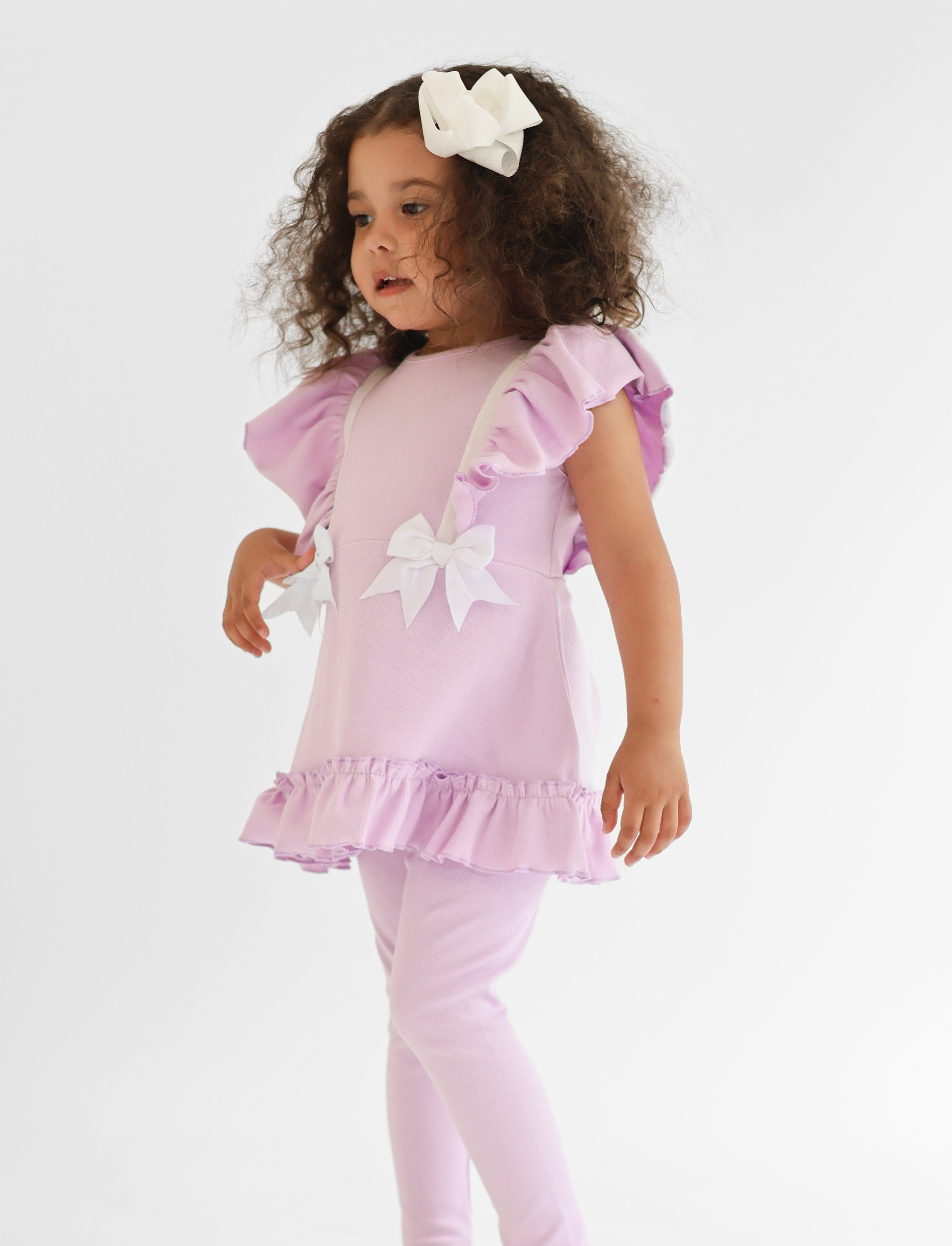Mia Girls Ribbed Lilac Frilly Bow 3 Piece Short Set & Legging Set