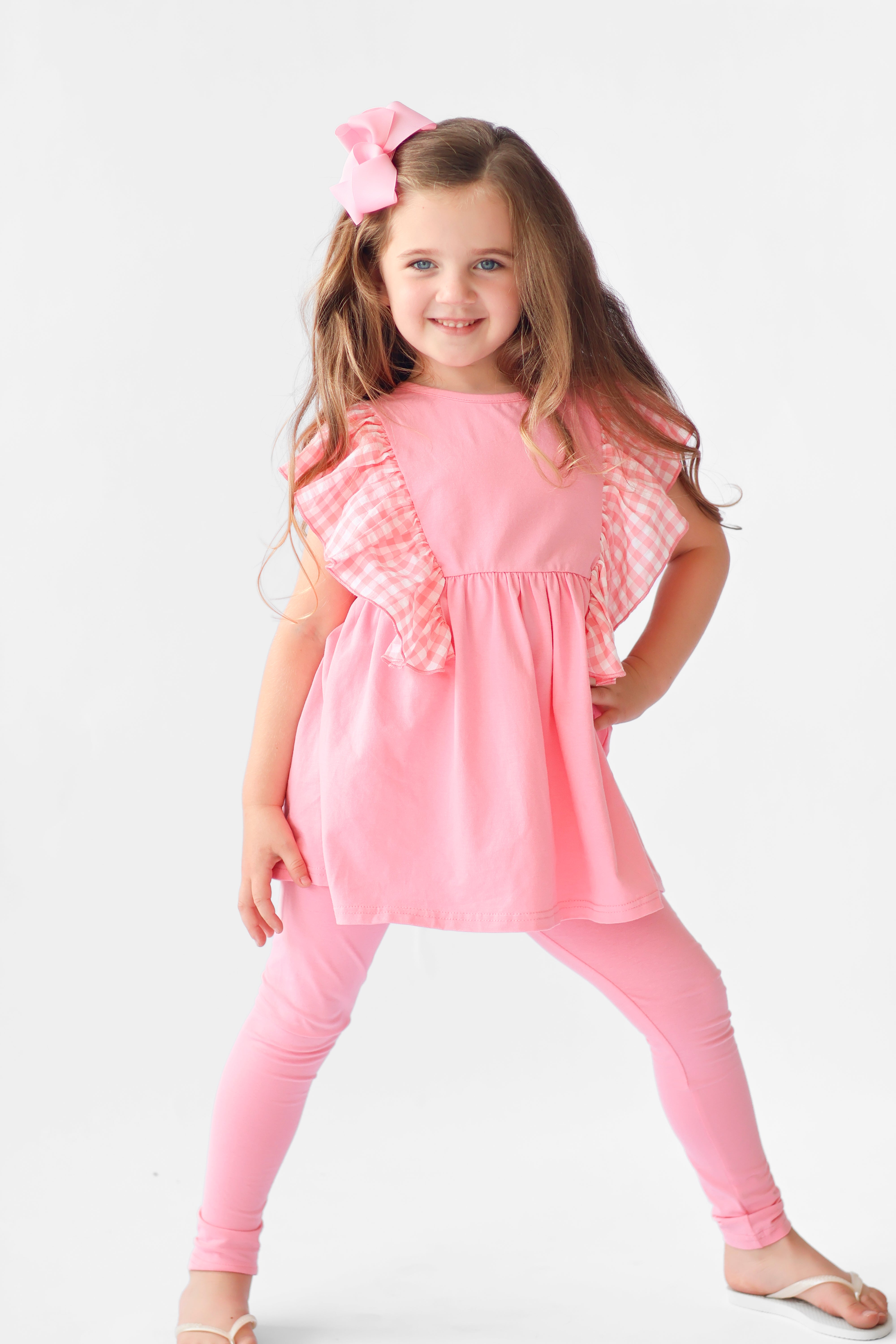 Gia 3 piece Girls Pink Frilly Gingham Leggings & Shorts Tracksuit Set