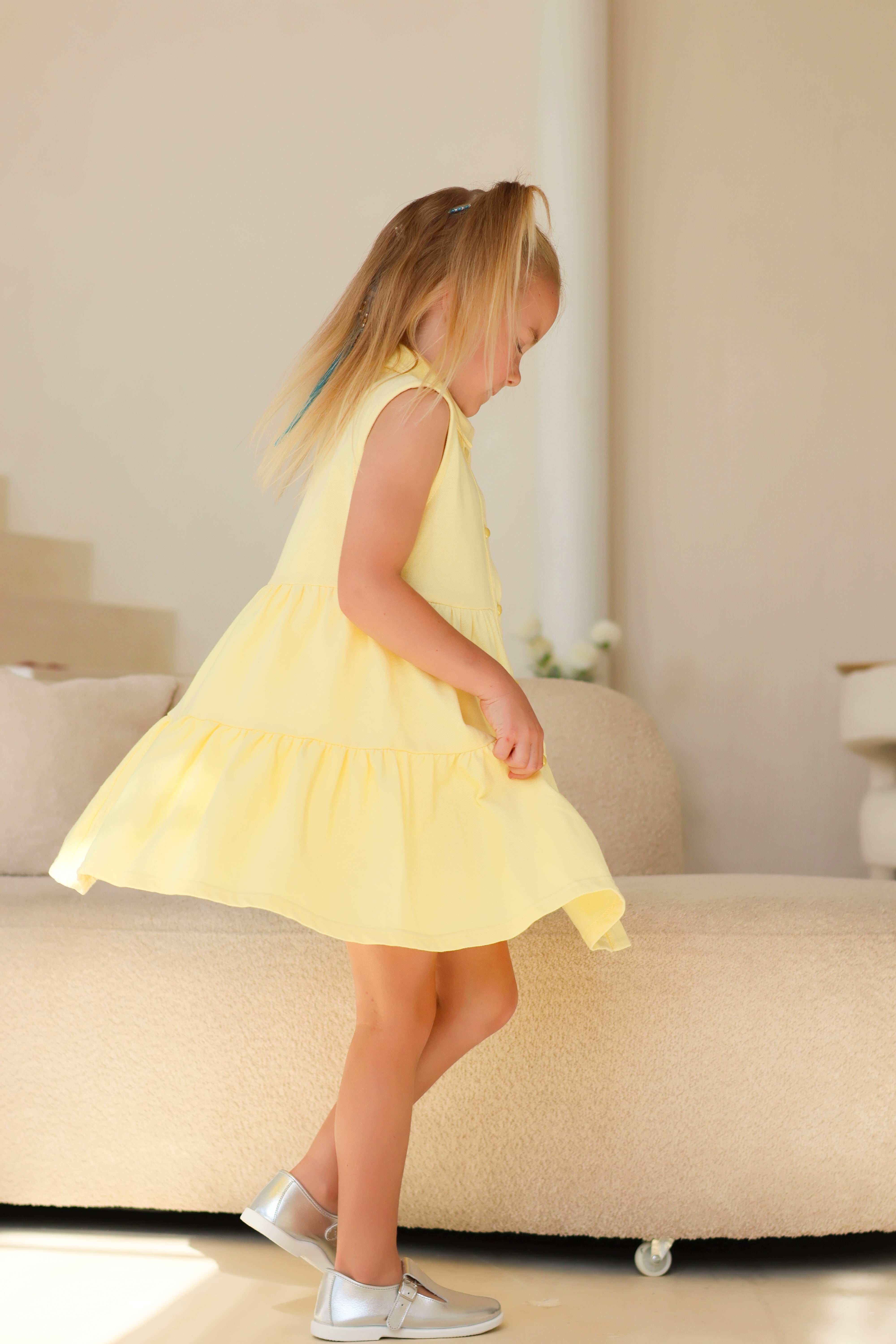 Maya Girls Pearl Button Polo Dress Lemon
