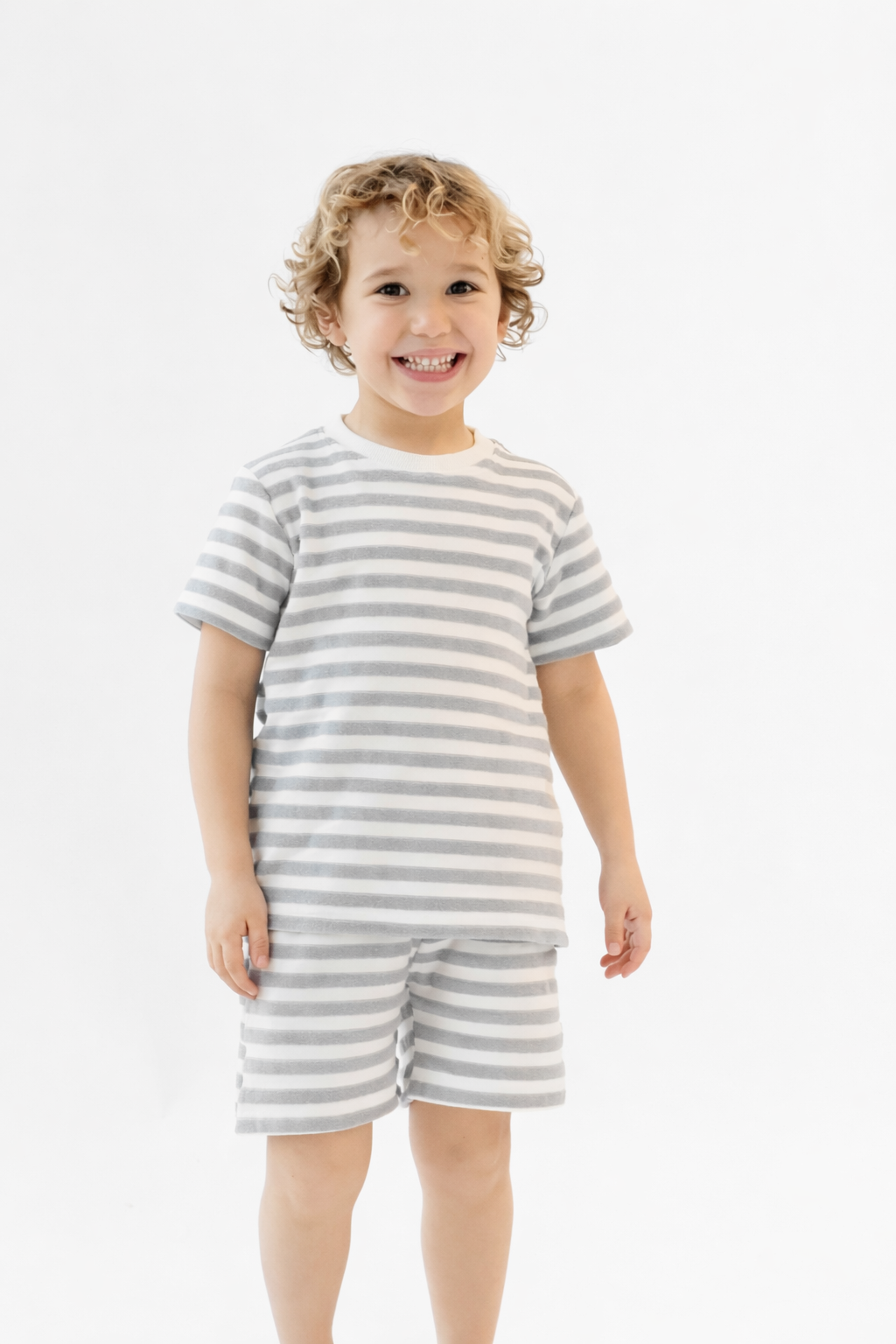 Archie Boys Terry Towelling Striped Shorts & T-Shirt Grey