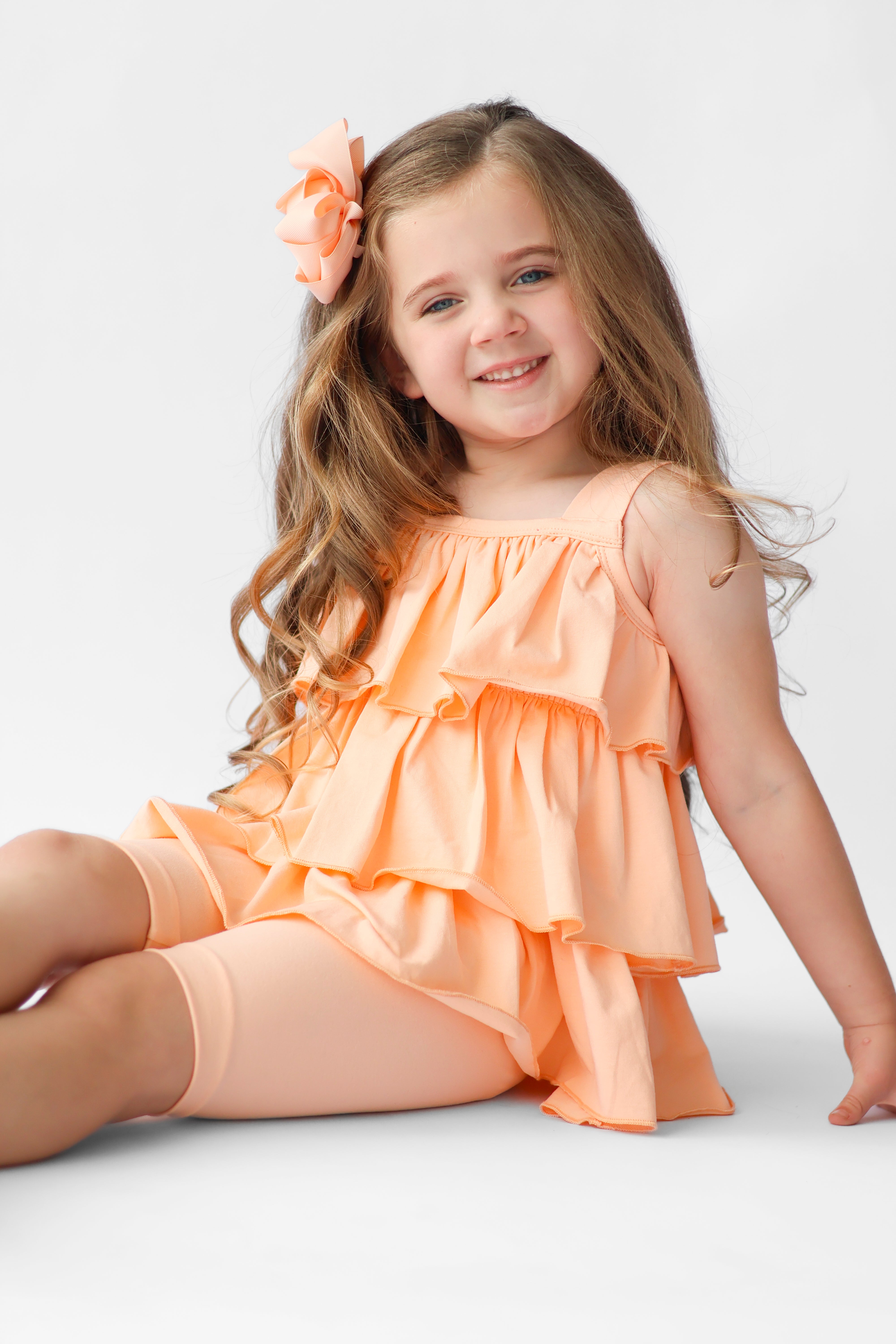 Eva Girls Frilly Ruffle 3 Piece Top Shorts & Leggings Set Peach