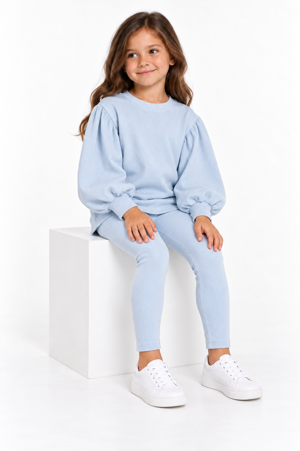 Maddie Ribbed Girls Balloon Jumper & Legging Tracksuit Set Baby Blue