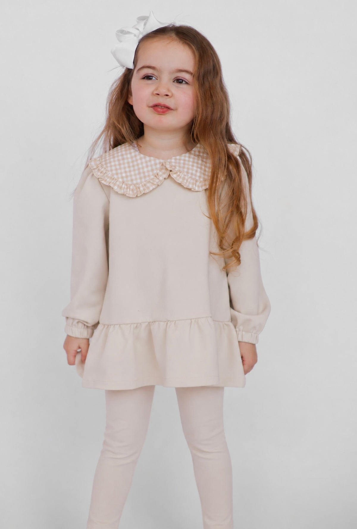 Posey Luxe Girls Checked  Jumper & Legging Tracksuit Set Beige
