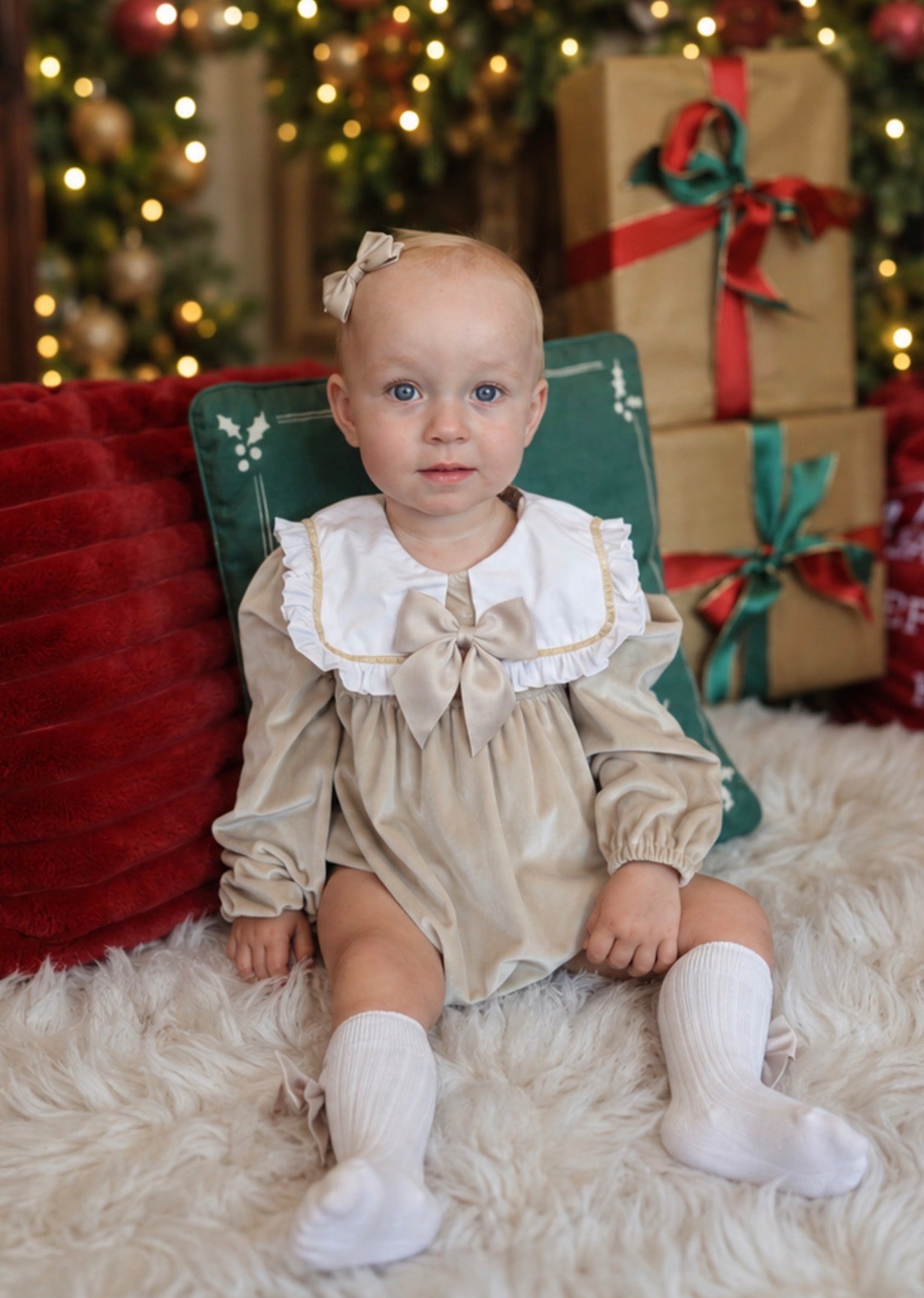 Gabby Girls Velvet Romper Socks & Hair Bow Pink Beige