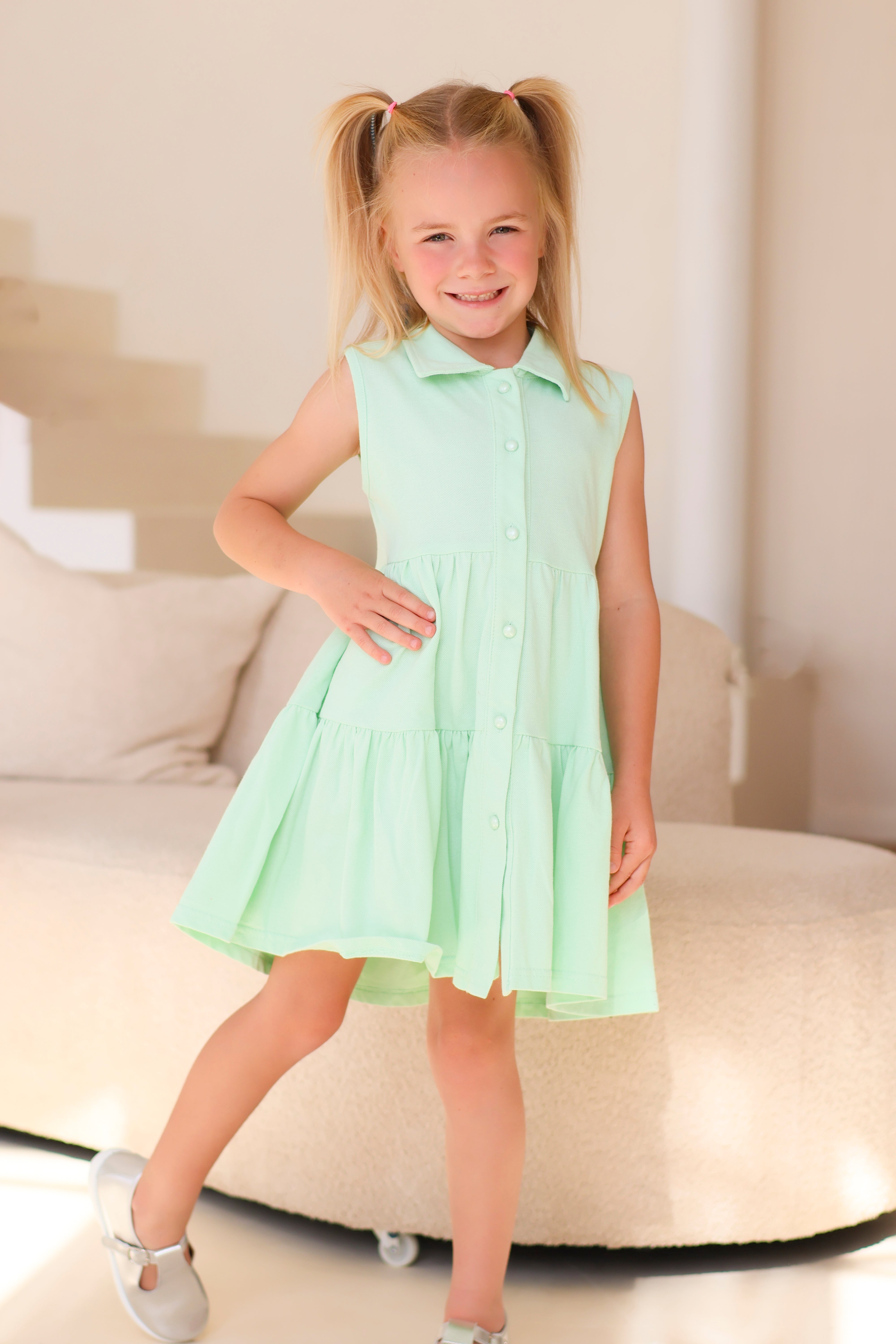 Maya Girls Pearl Button Polo Dress Mint