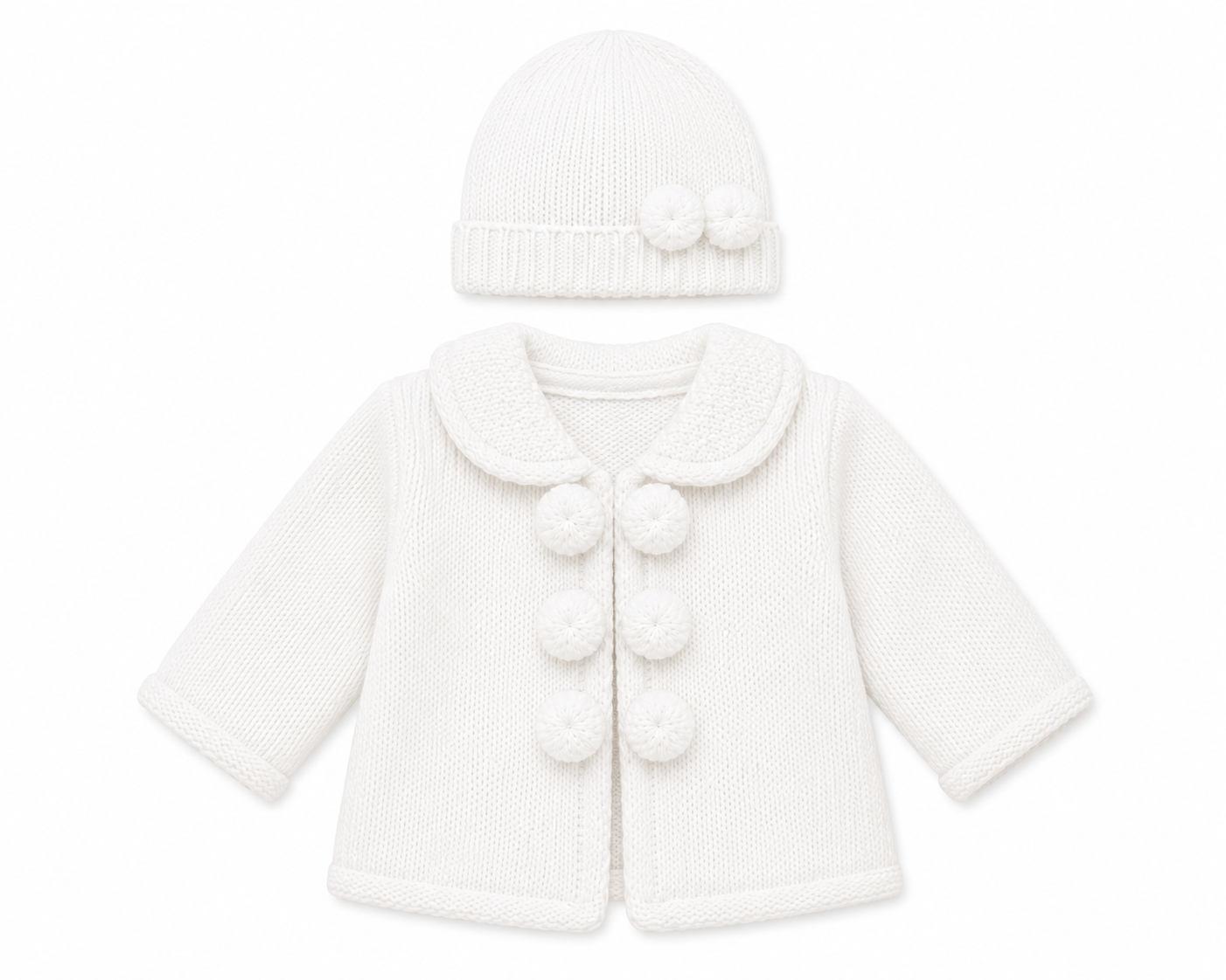 Pom Pom Thick Knitted Baby Unisex Cardigan With Hat White