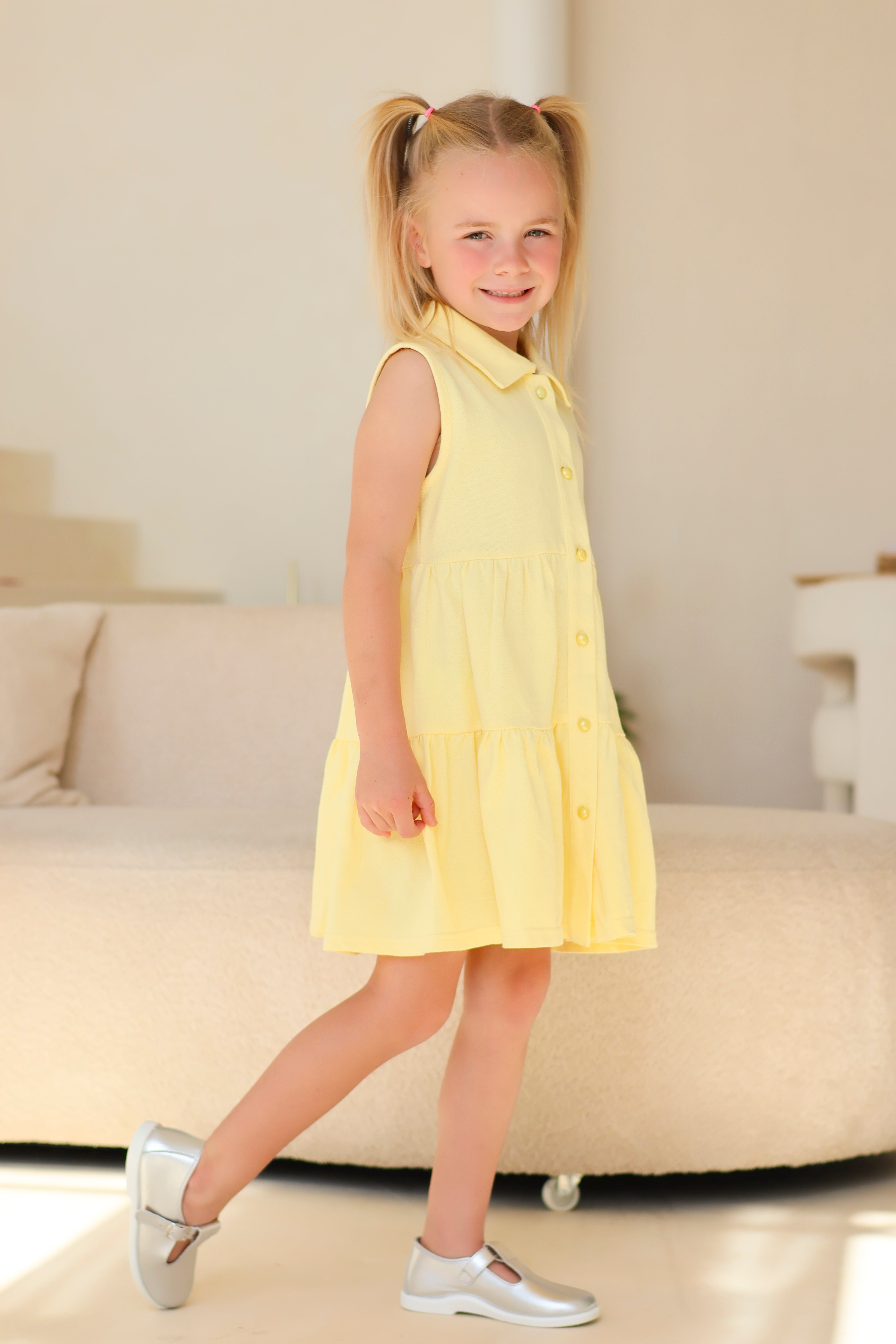 Maya Girls Pearl Button Polo Dress Lemon