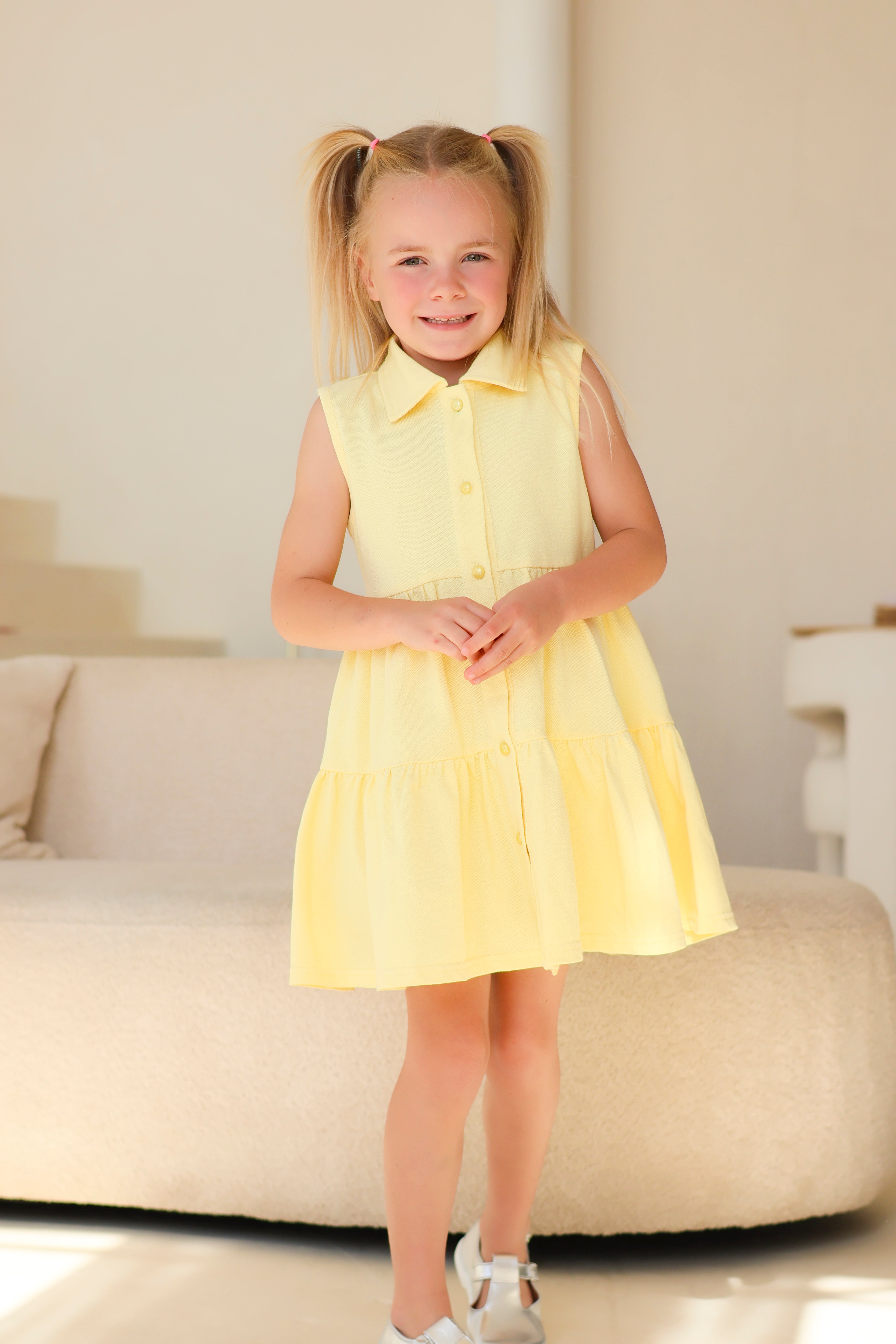Maya Girls Pearl Button Polo Dress Lemon