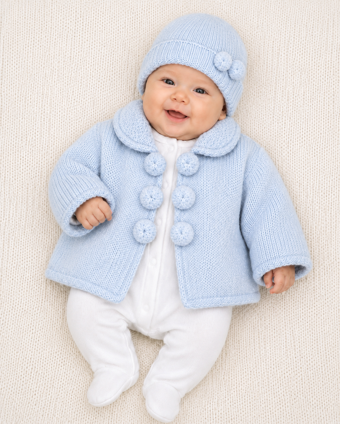 Pom Pom Thick Knitted Cardigan With Hat Blue