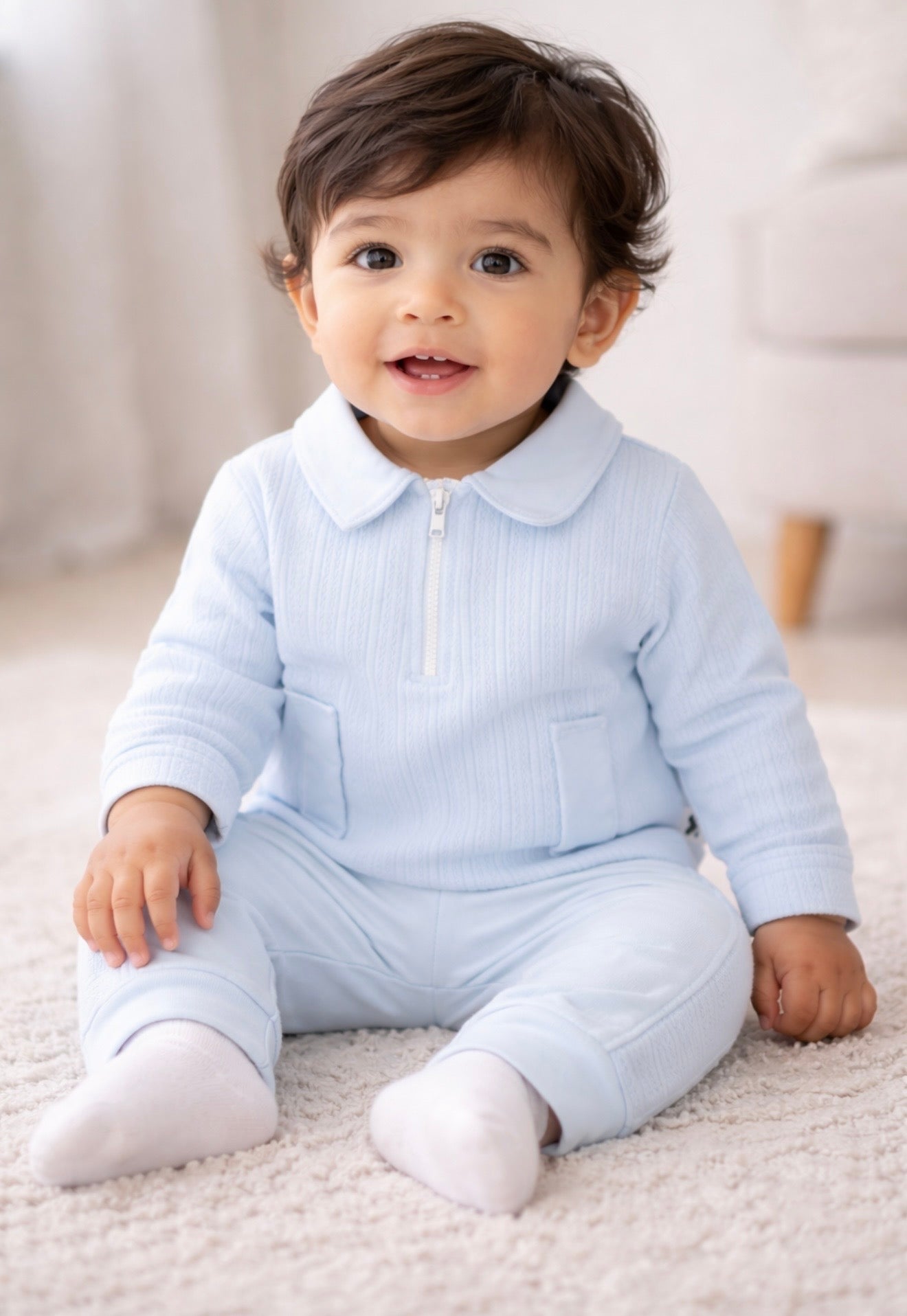 2025301 Baby Boys Peter Pan Zip Collar Top & Trousers
