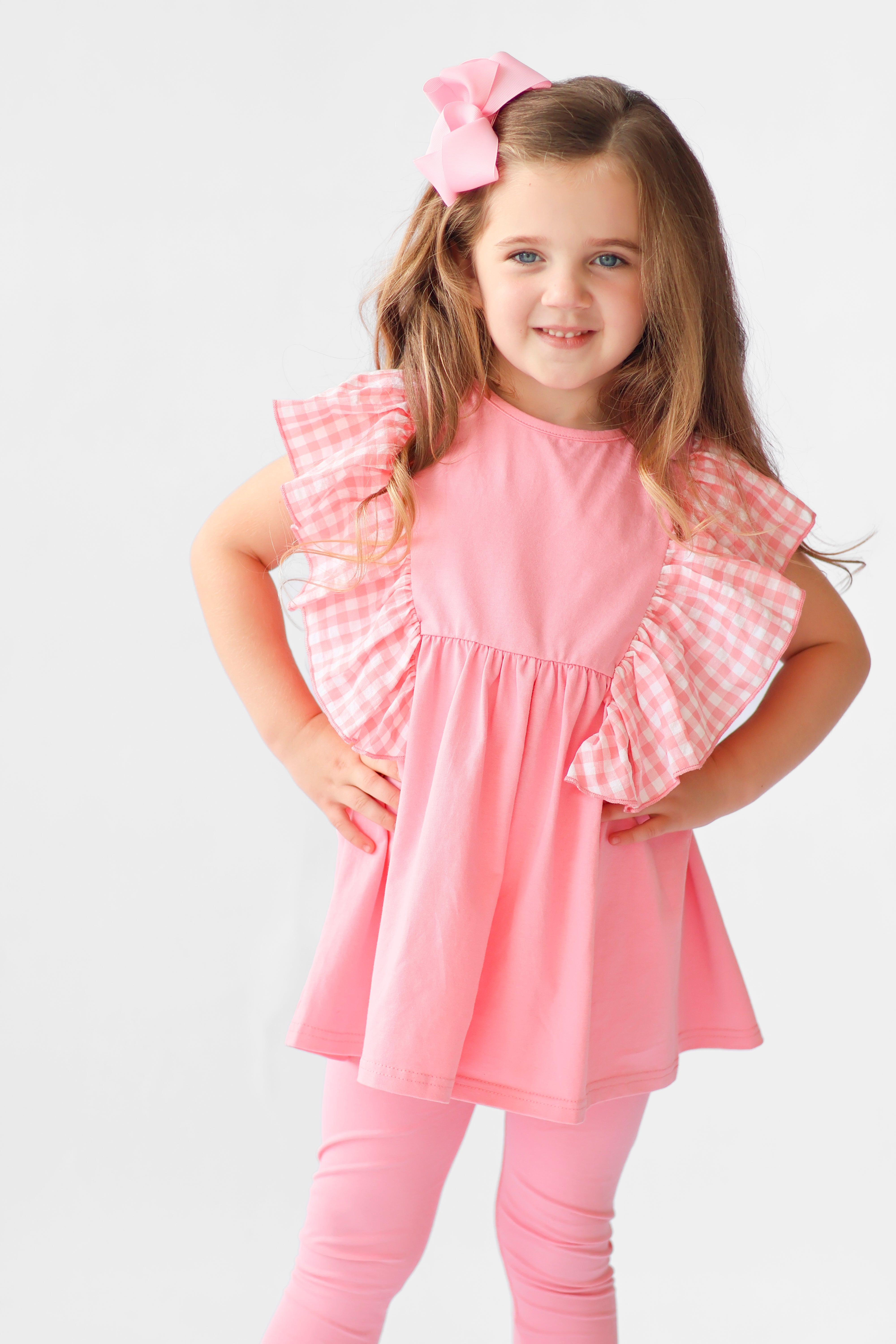Gia 3 piece Girls Pink Frilly Gingham Leggings & Shorts Tracksuit Set