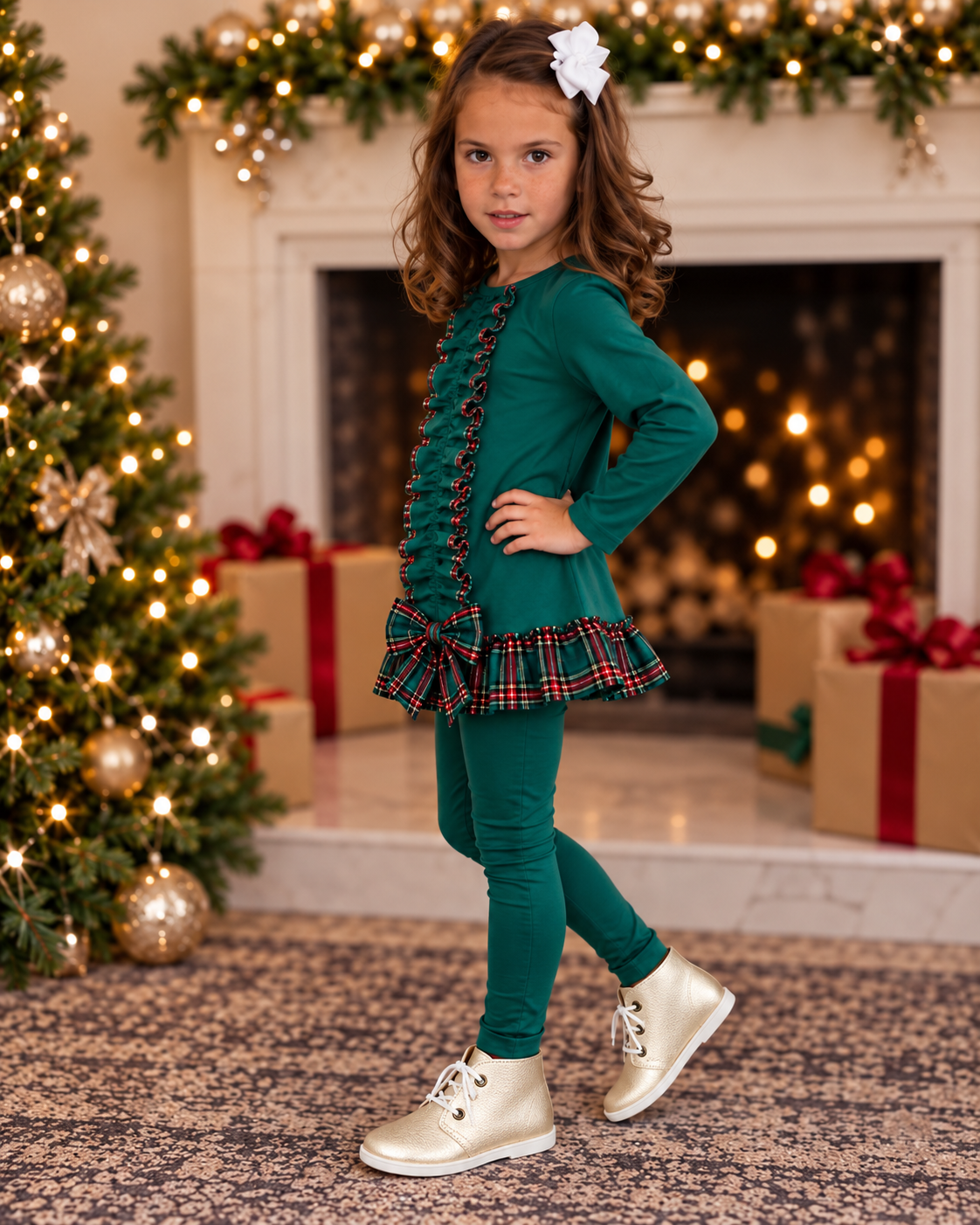 Pippa Girls Tartan Frilly Bow Tracksuit Green