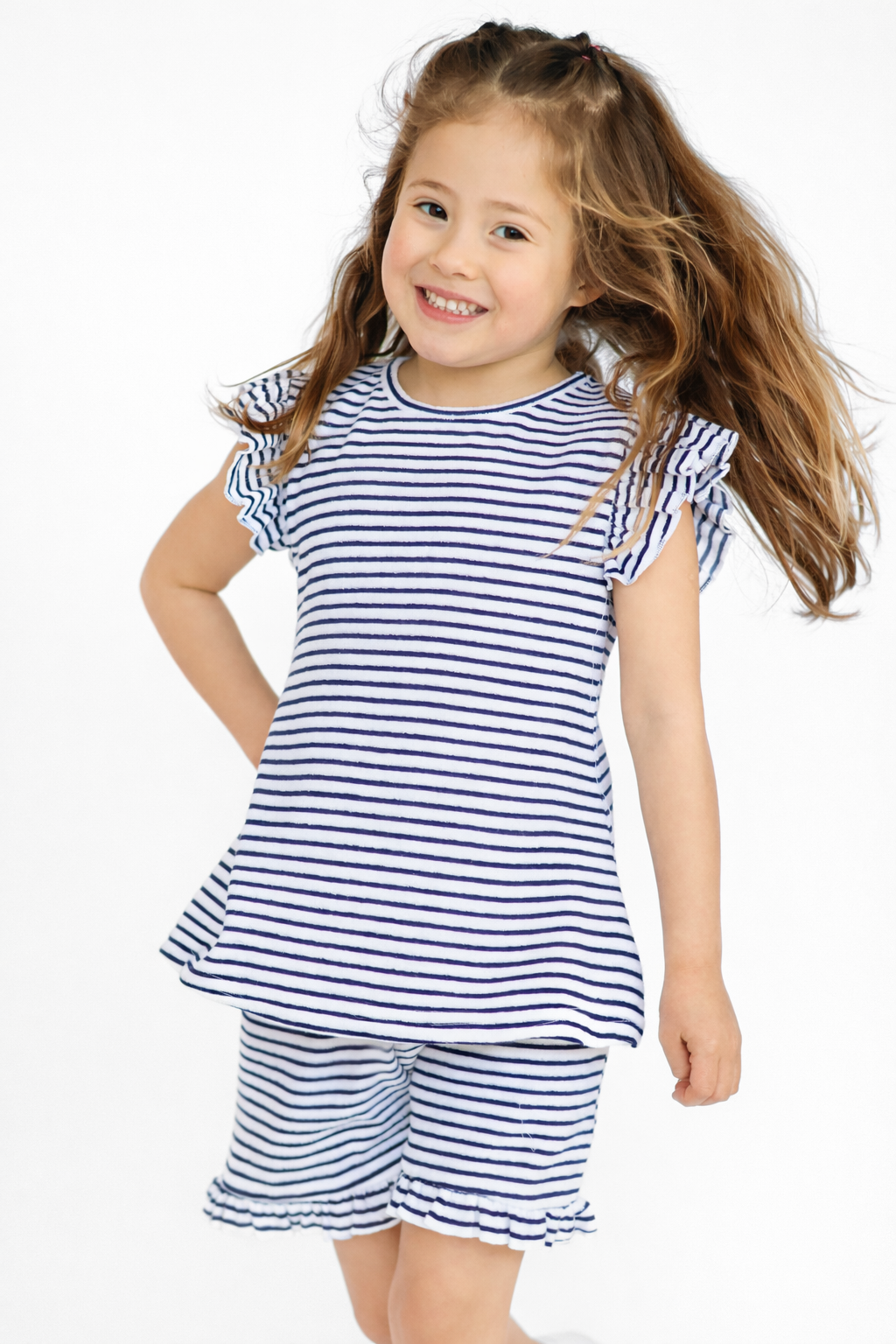 Lucy Frilly Stripe Terry Towelling Shorts & Top Set Navy