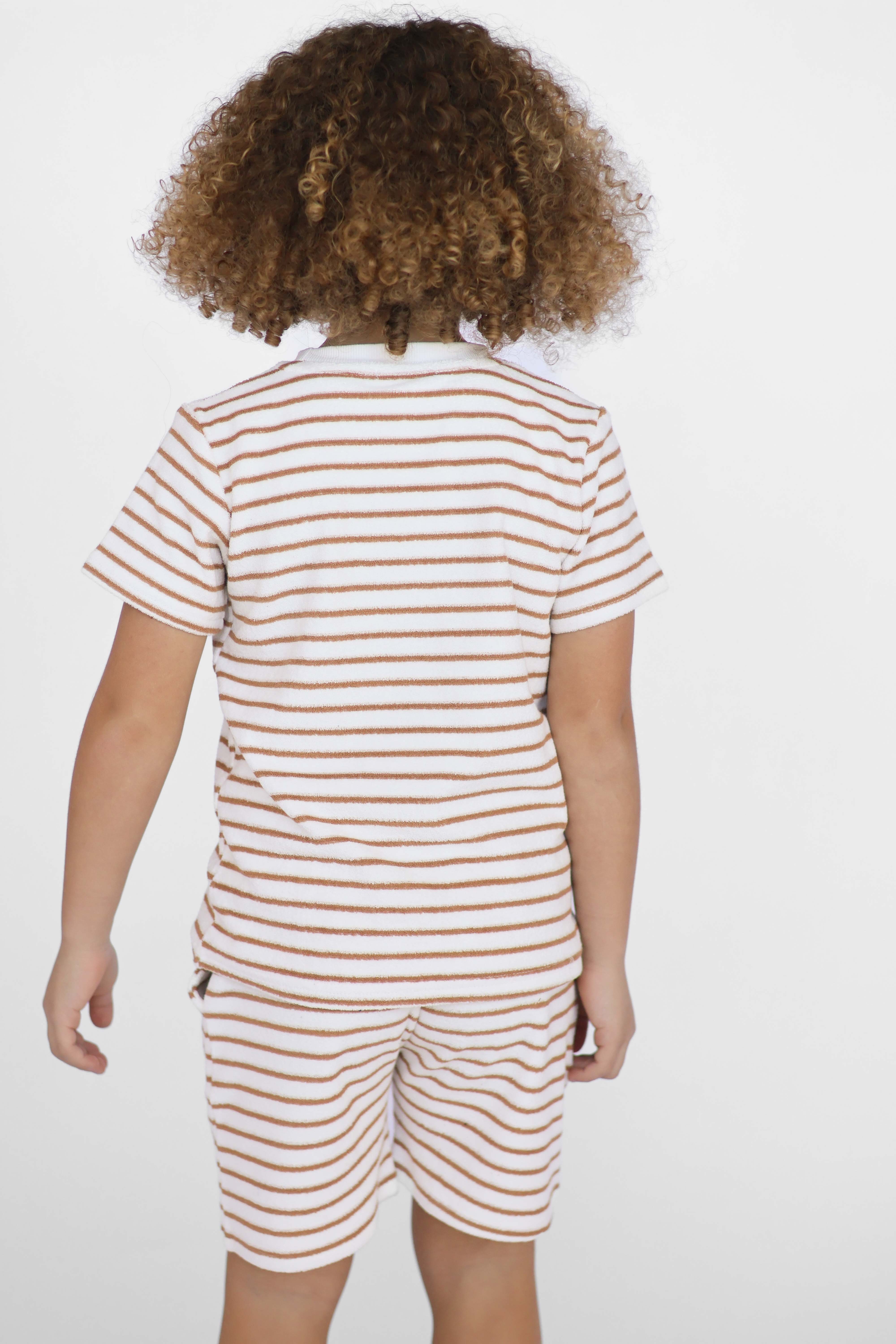 Leo Boys Stripe Towelling Plain Shorts & T-Shirt Set Beige