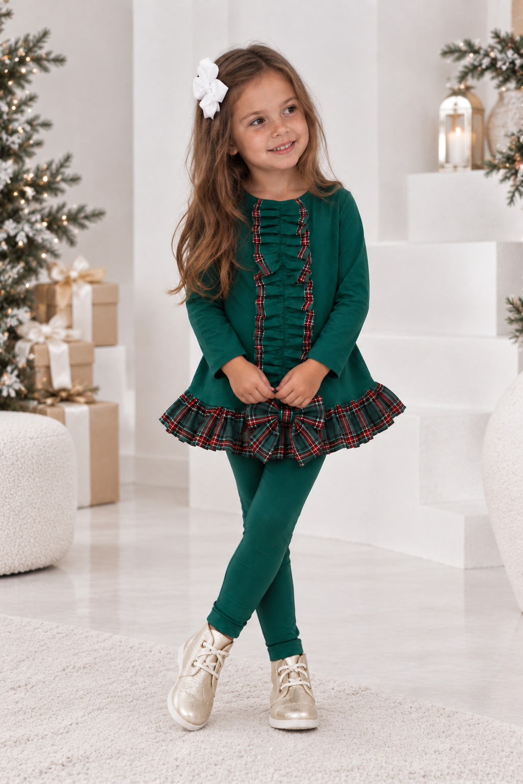 Pippa Girls Tartan Frilly Bow Tracksuit Green