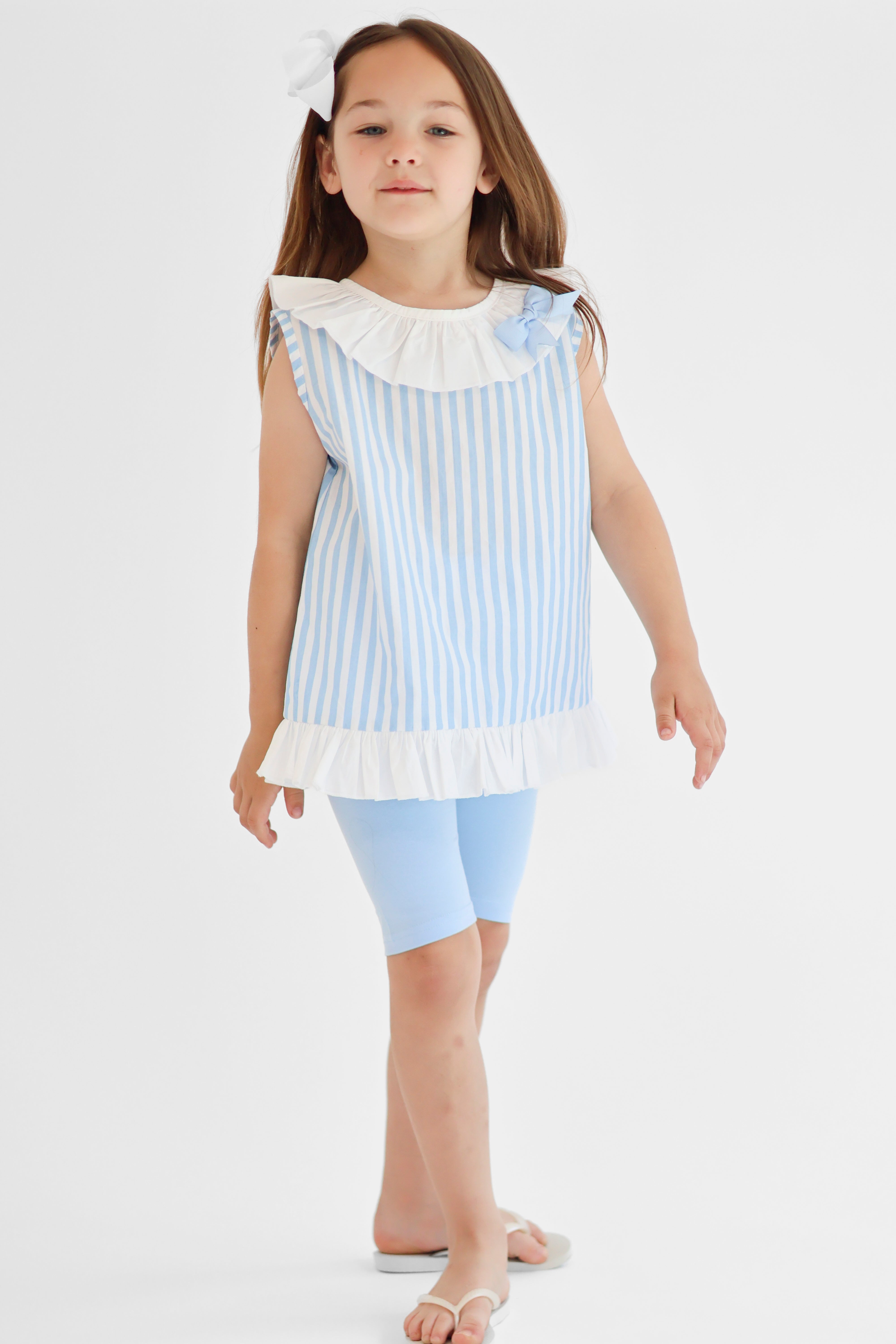 Perrie Girls Blue Stripe Frilly Shirt & Cycling Shorts Set