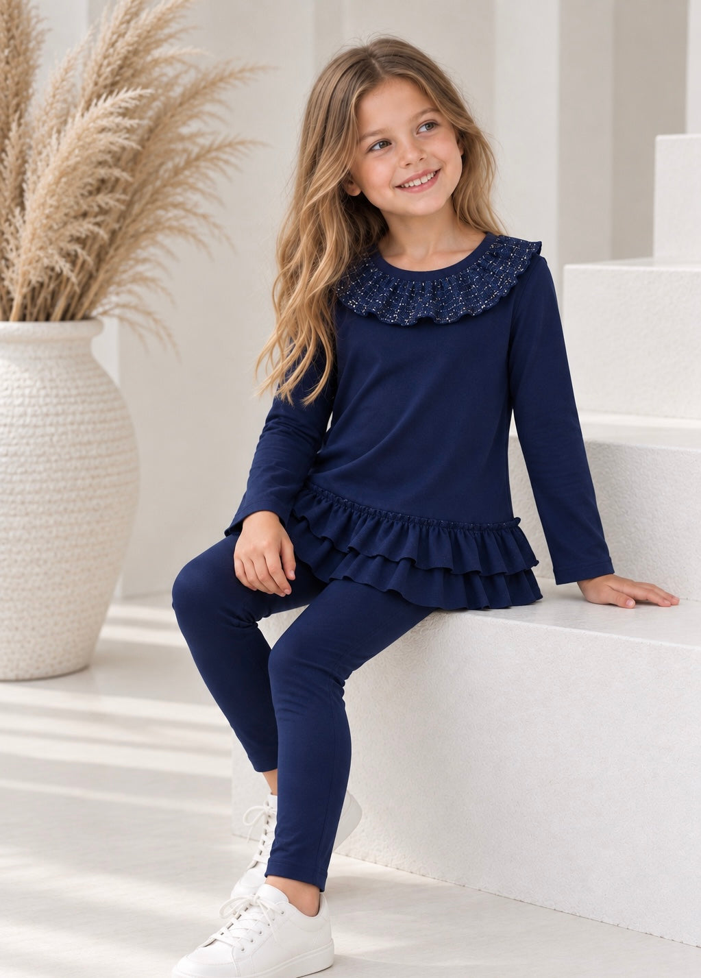 Darla Ribbed Girls Jumper & Legging Tracksuit Set Navy