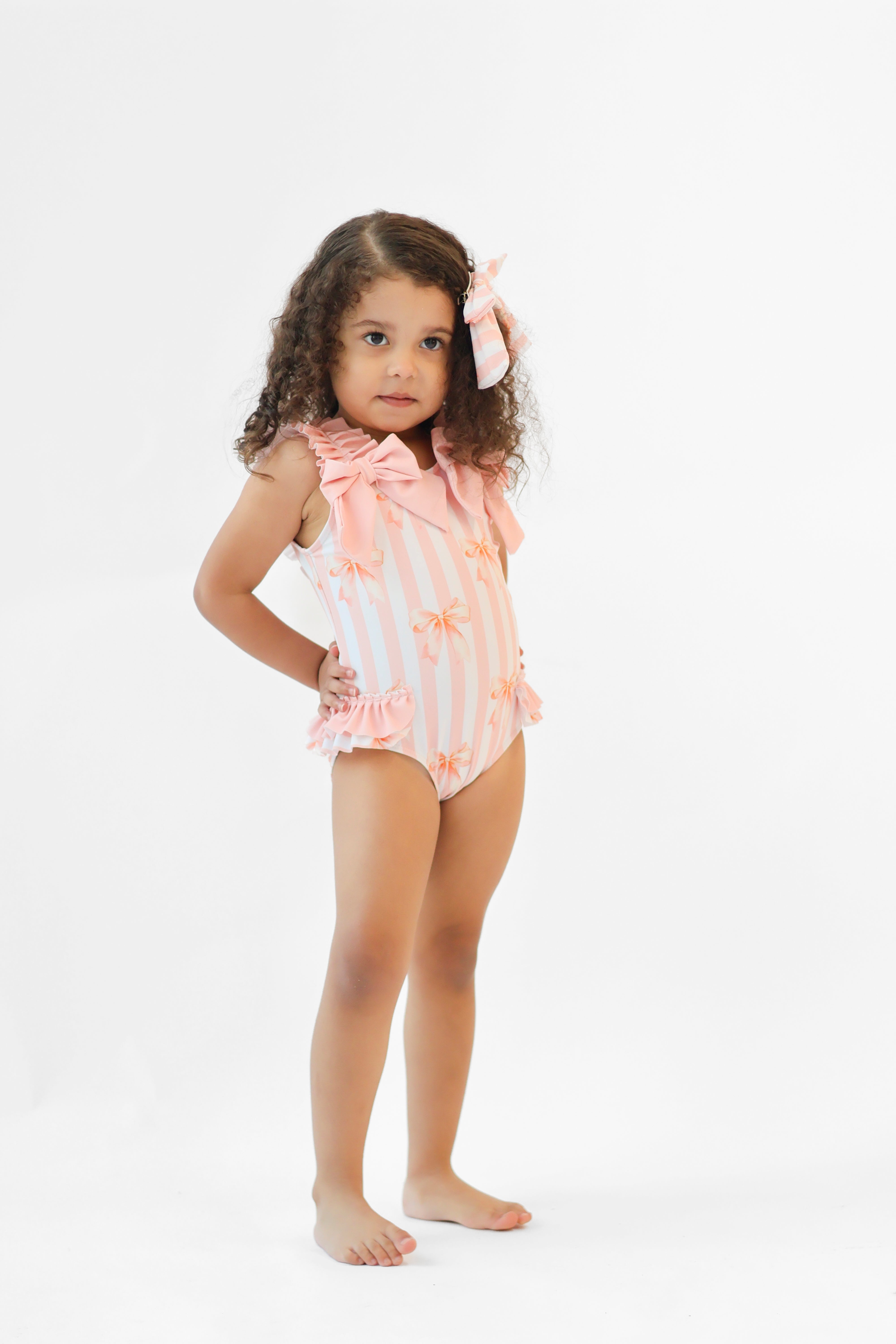 Olivia Girls Peach Striped Bow Frilly Swimming Costume