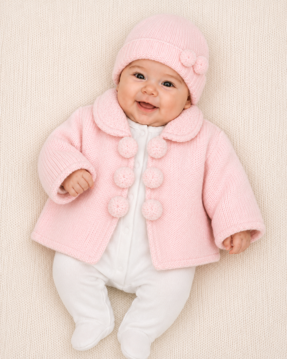 Pom Pom Thick Knitted Baby Girls Cardigan With Hat Pink