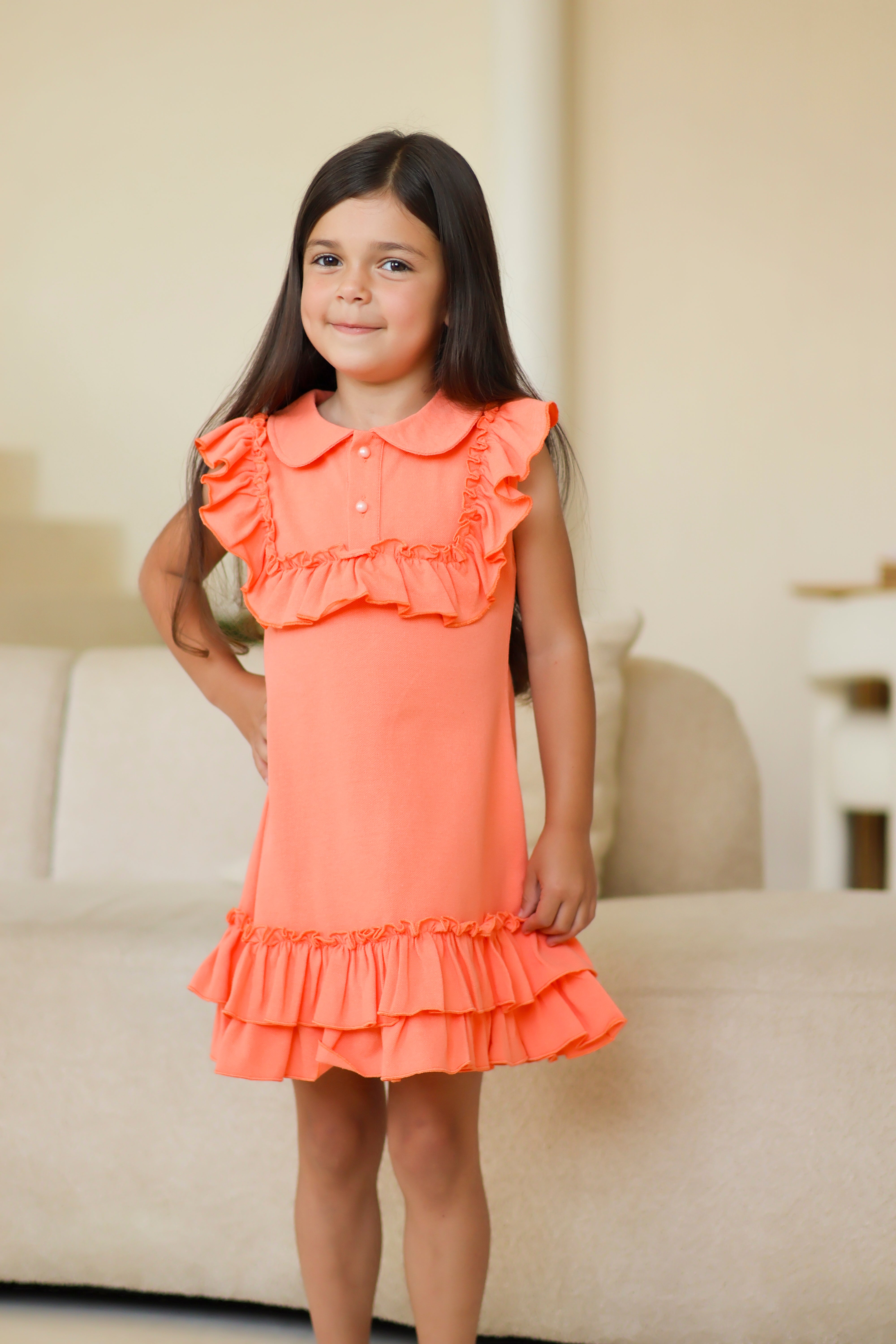 Ellie Girls Frilly Ruffle Polo Dress Coral