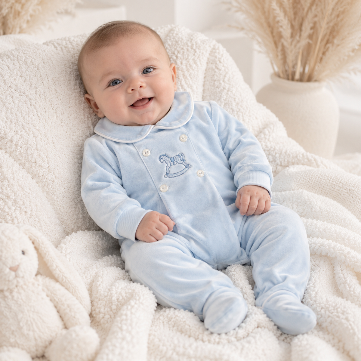 George Babygrow Embroidery Horse Blue Velour